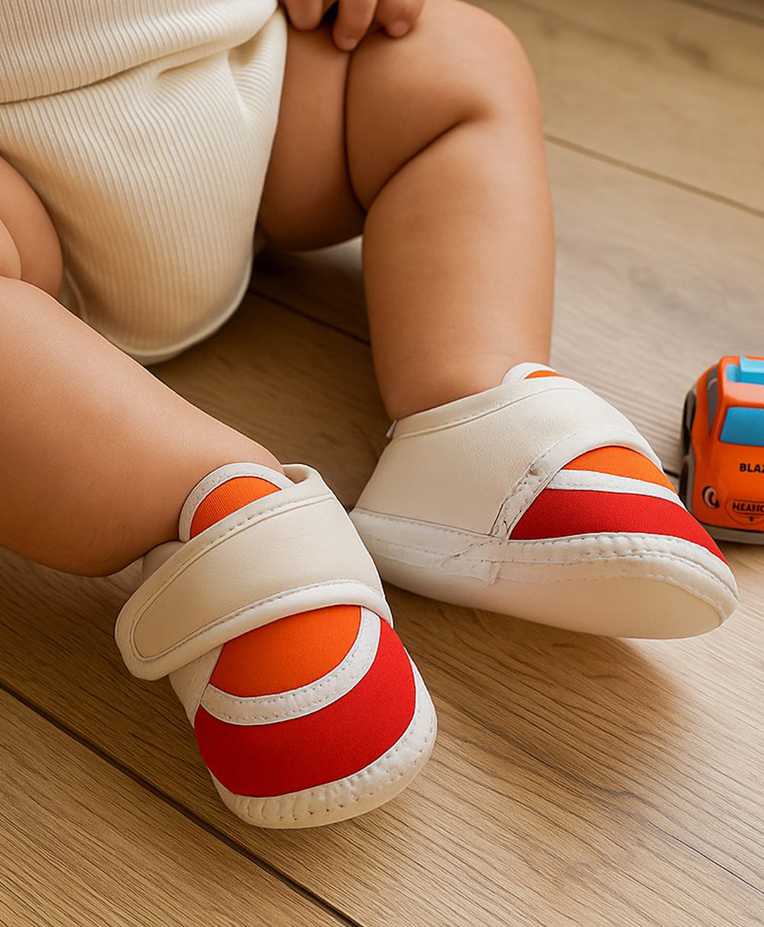 Neska Moda Colour Blocked Velcro Closure Booties - White Red & Orange-image-41