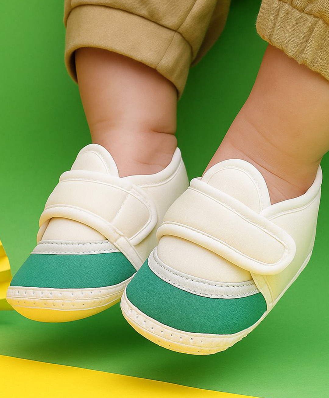 Neska Moda Colour Blocked Velcro Closure Booties - White & Green-picture-16