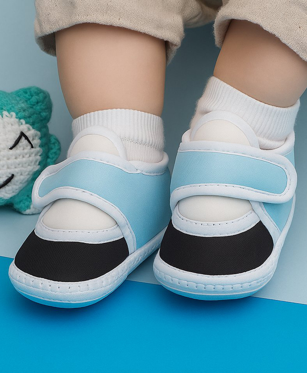 Neska Moda Colour Blocked Velcro Closure Booties - White Sky Blue & Black-picture-19