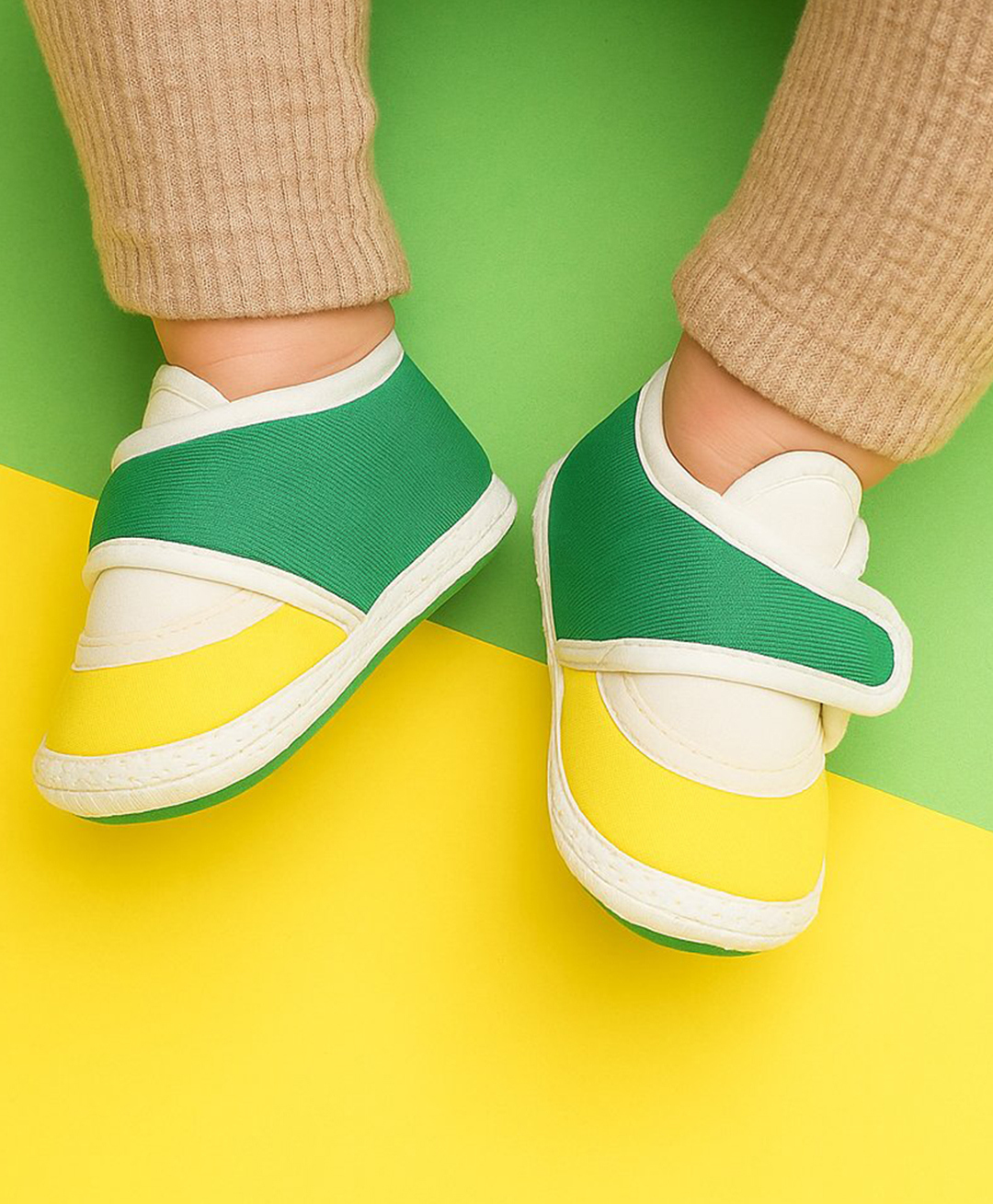 Neska Moda Colour Blocked Velcro Closure Booties - White Green & Yellow-image-29