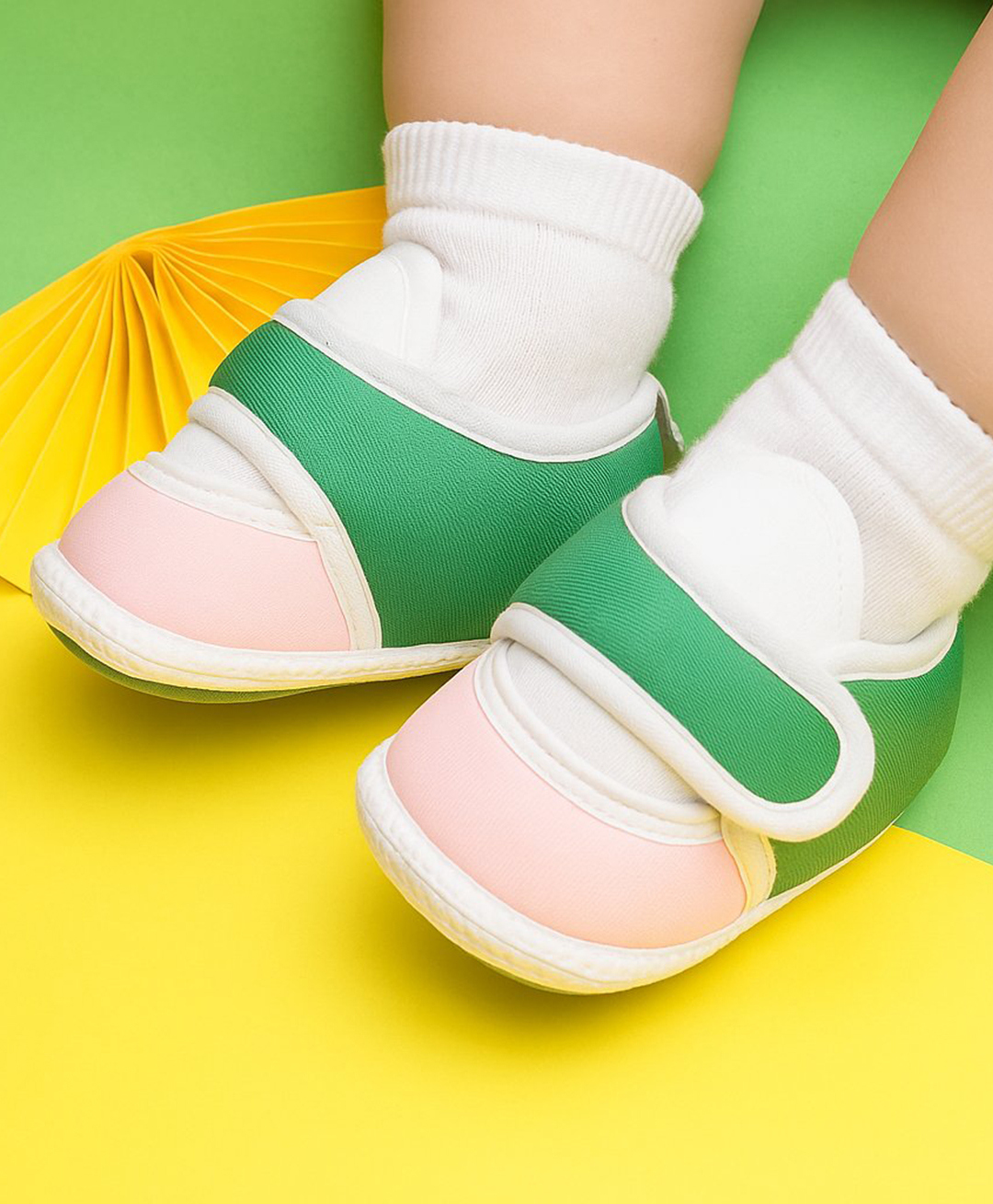 Neska Moda Colour Blocked Velcro Closure Booties - White Green & Pink-picture-13