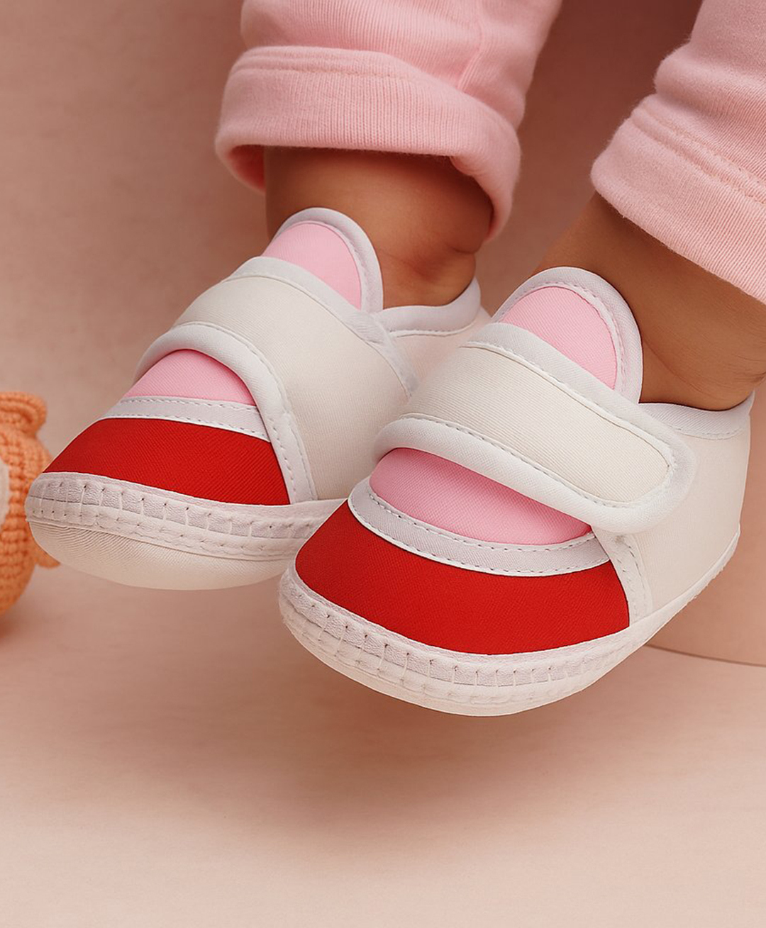 Neska Moda Colour Blocked Velcro Closure Booties - White Pink & Red-picture-37