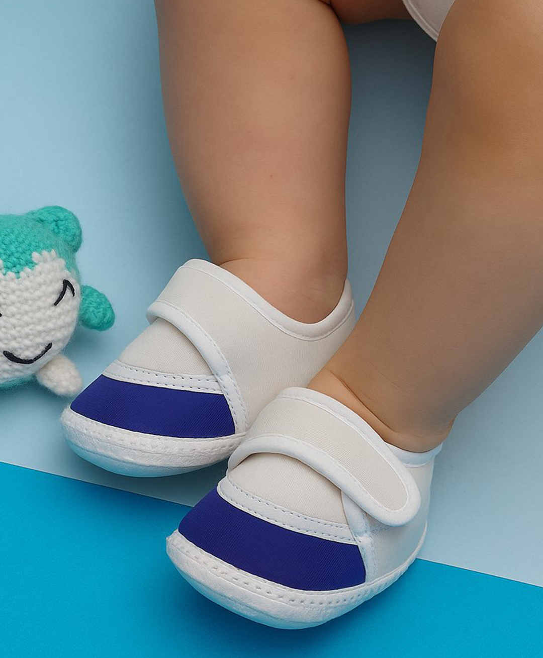 Neska Moda Colour Blocked Velcro Closure Booties - White & Blue-image-49