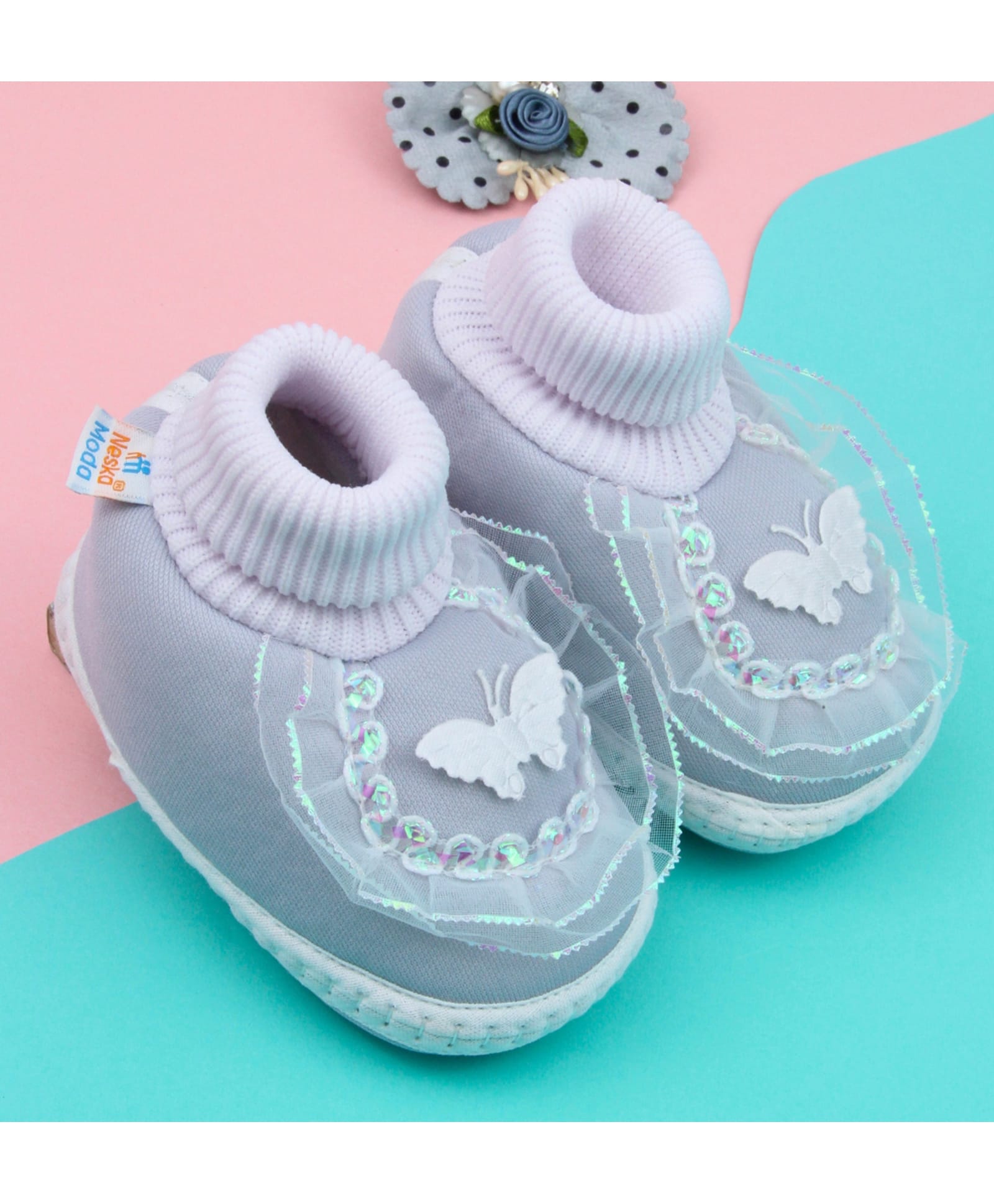 Neska Moda Butterfly Applique & Frill Detailed Slip On Booties - Grey-picture-21