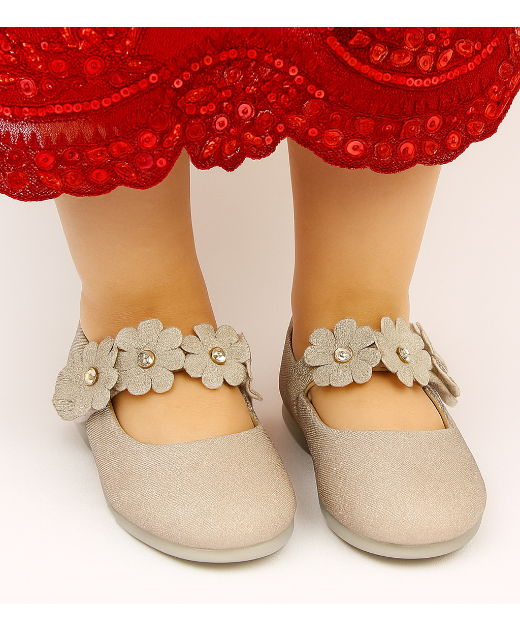 Neska Moda Floral Applique Detailed Stones Embellished Anti Skid Mary Jane Ballerinas - Beige-picture-12