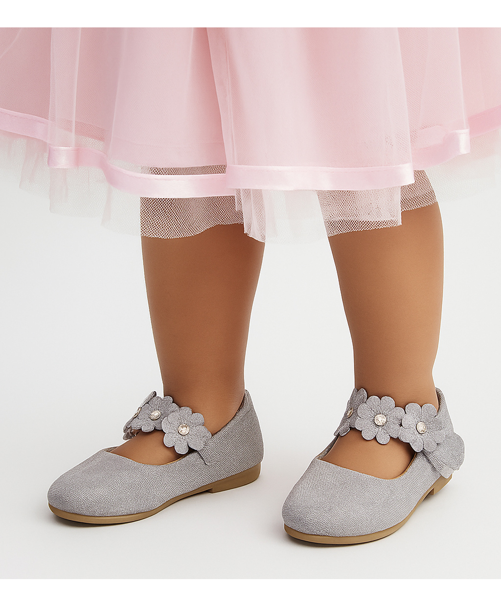 Neska Moda Floral Applique Detailed Stones Embellished Anti Skid Mary Jane Ballerinas - Light Grey-image-39