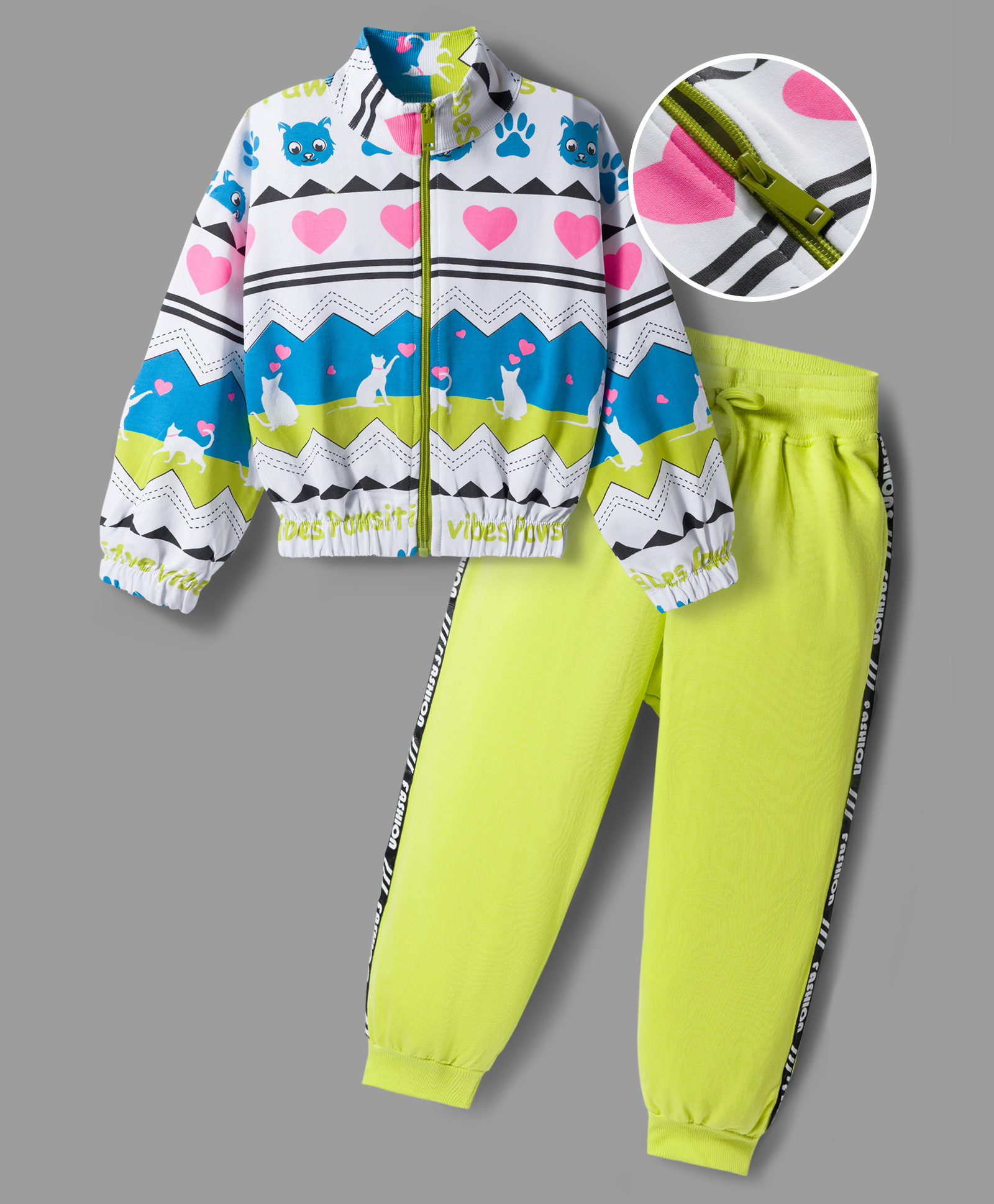 OLLINGTON ST. Cotton Knit Full Sleeves Heart & Cat Printed Jacket & Joggers Set - White & Limegreen-image-11
