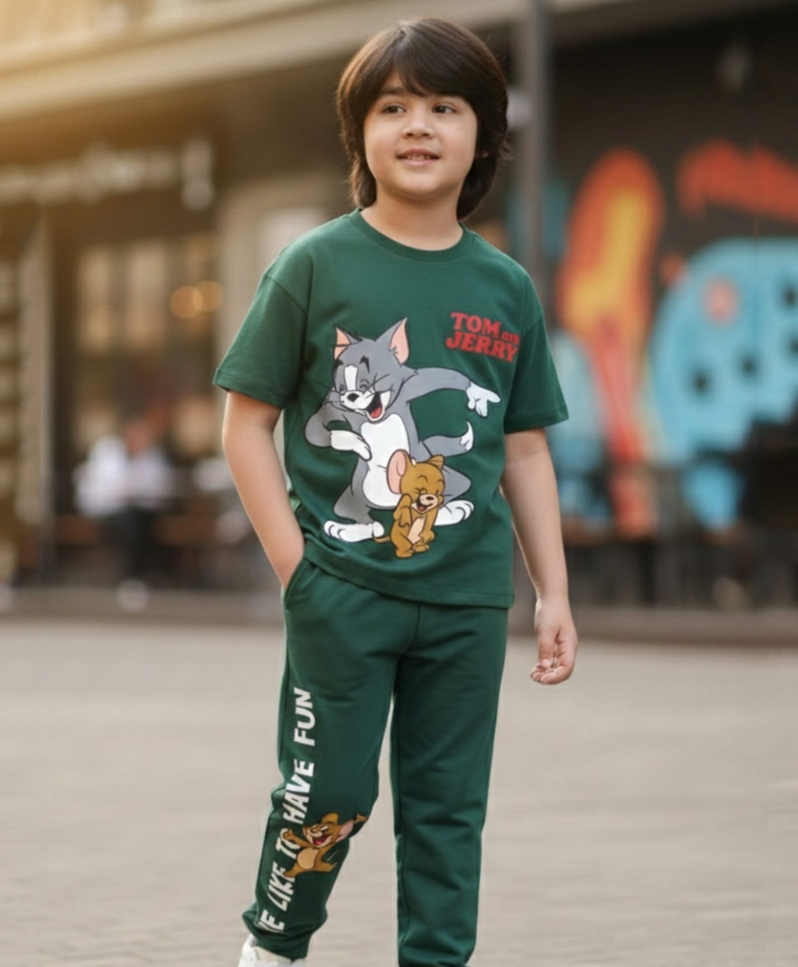 Nap Chief Pure Cotton Knit Warner Bros Featuring Half Sleeves Tom & Jerry Printed Relaxed Fit Tee & Pant Set - Green-picture-31