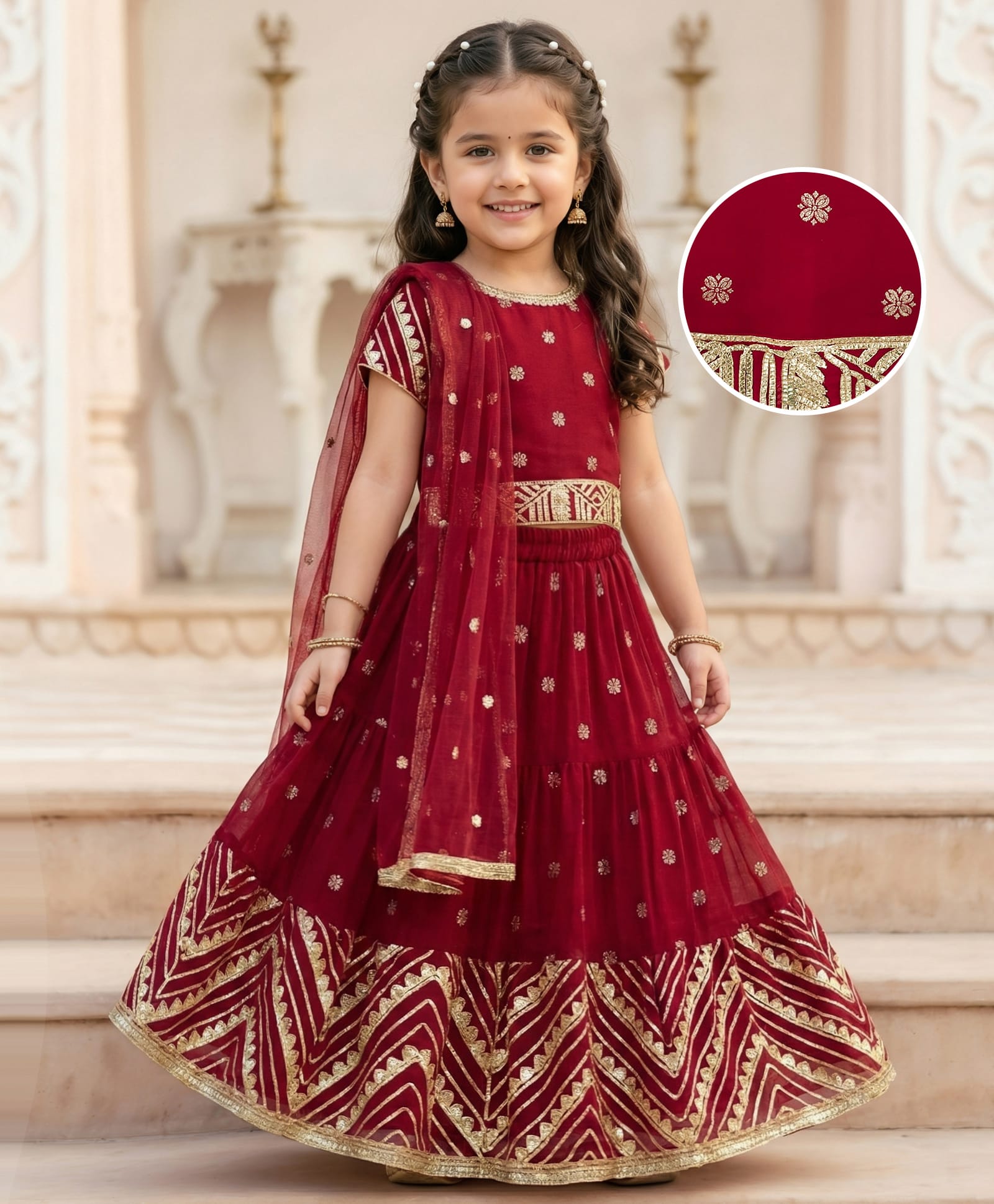 Babyhug Georgette Woven Half Sleeves Foil Printed Choli Lehenga Set with Dupatta & Lace Detailing - Red-image-16