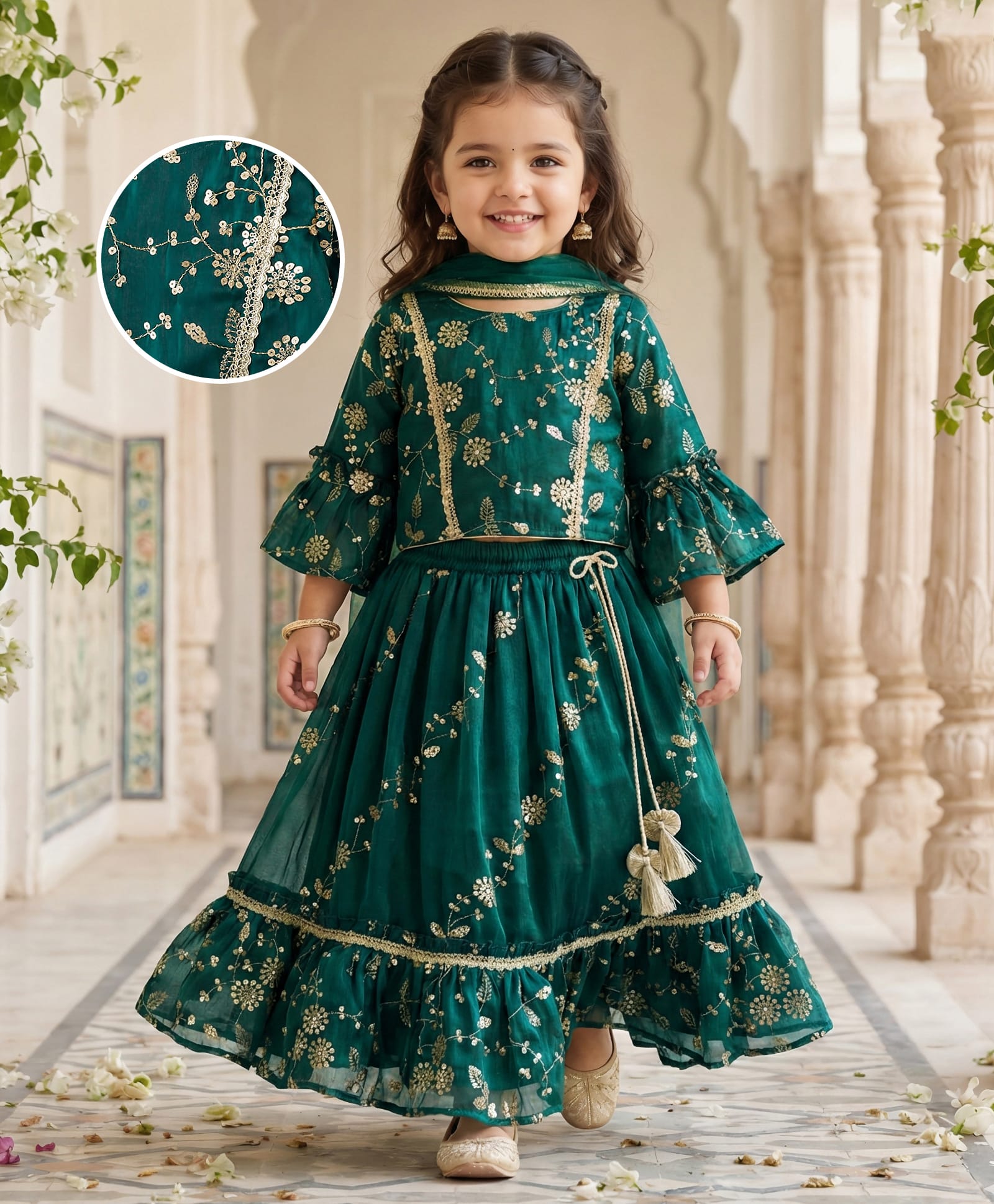 Babyhug Woven Half Sleeves Choli Lehenga & Dupatta Set With Floral Sequin Embriodery - Teal Blue-image-17