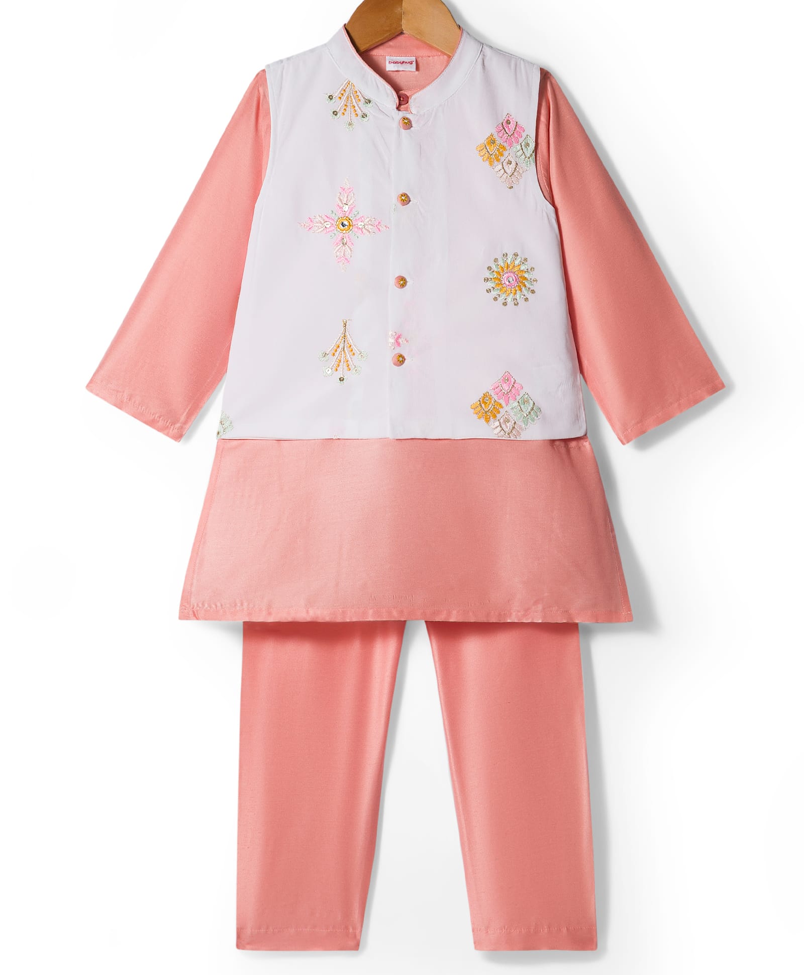 Babyhug Rayon Woven Full Sleeves Kurta Pajama & Jacket Set With Floral Embroidery - Peach-image-19