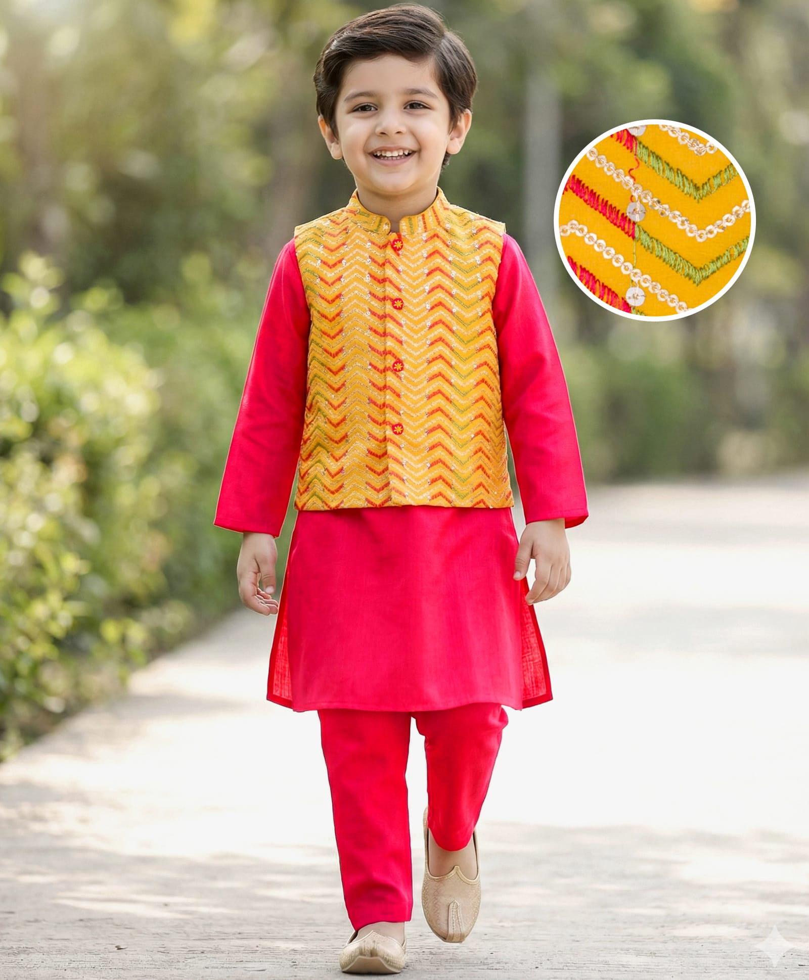 Babyhug Rayon Woven Full Sleeves Kurta Pajama Set with Embroidered Nehru Jacket - Red & Yellow-image-31