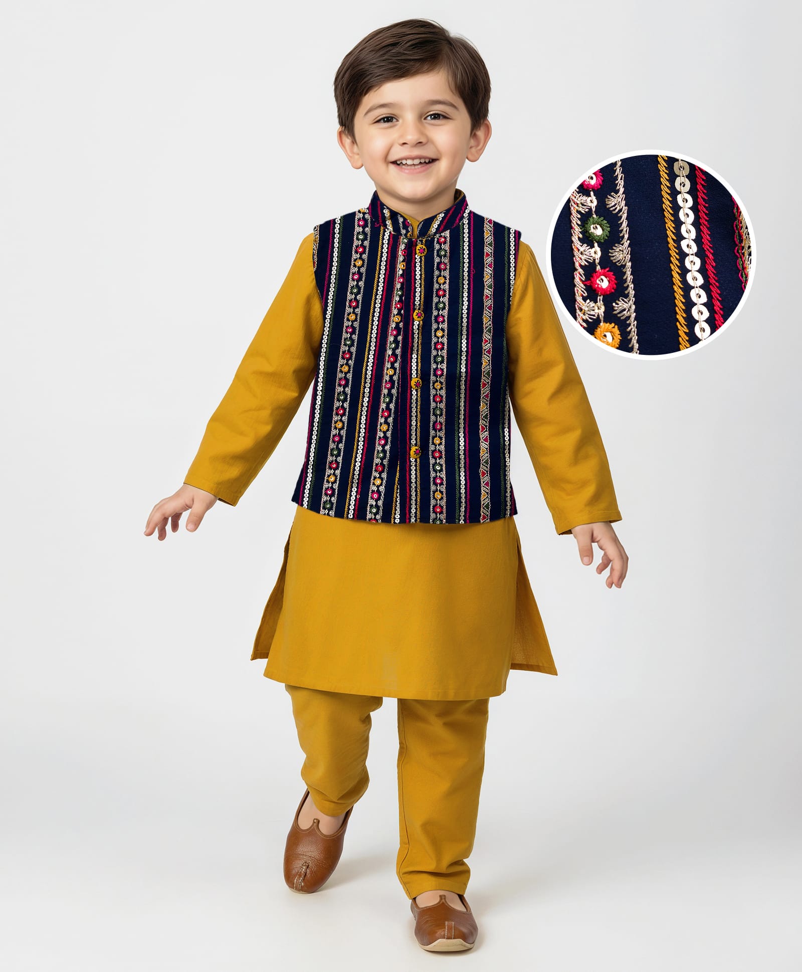 Babyhug Rayon Woven Full Sleeves Solid Kurta Payjama Set with Embroidered Jacket - Navy-picture-18