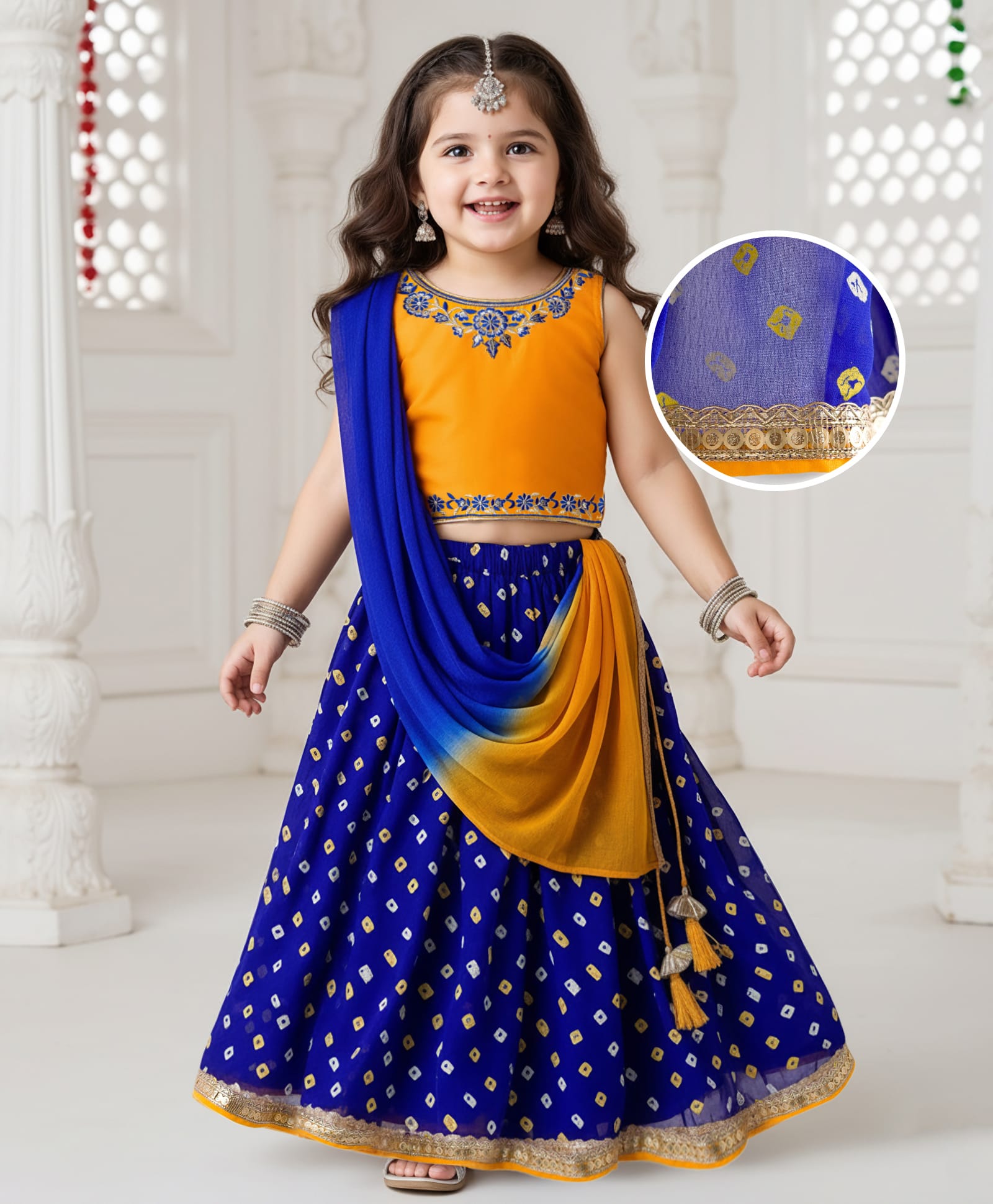 Babyhug Georgette Woven Sleeveless Brocade Choli & Bandhani Printed Lehenga with Dupatta - Blue & Mustard-image-28