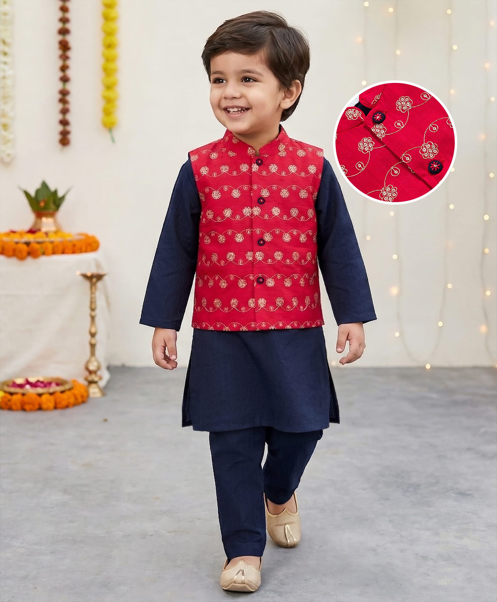 Babyhug Rayon Woven Full Sleeves Kurta Pajama & Foil Printed Jacket Set - Navy Blue-image-46