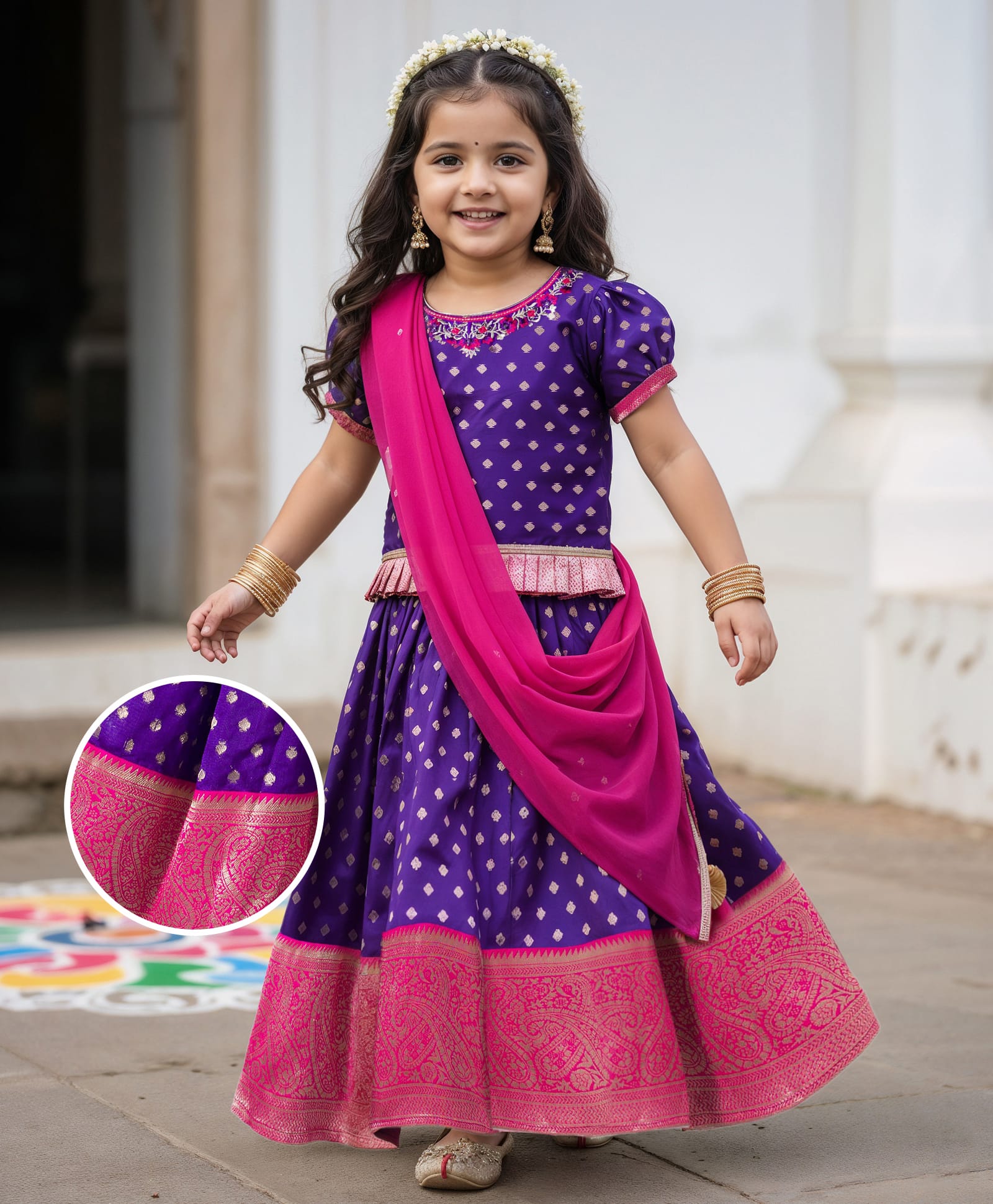 babyhug brocade woven half sleeves choli lehenga & dupatta set with floral foil print - purple