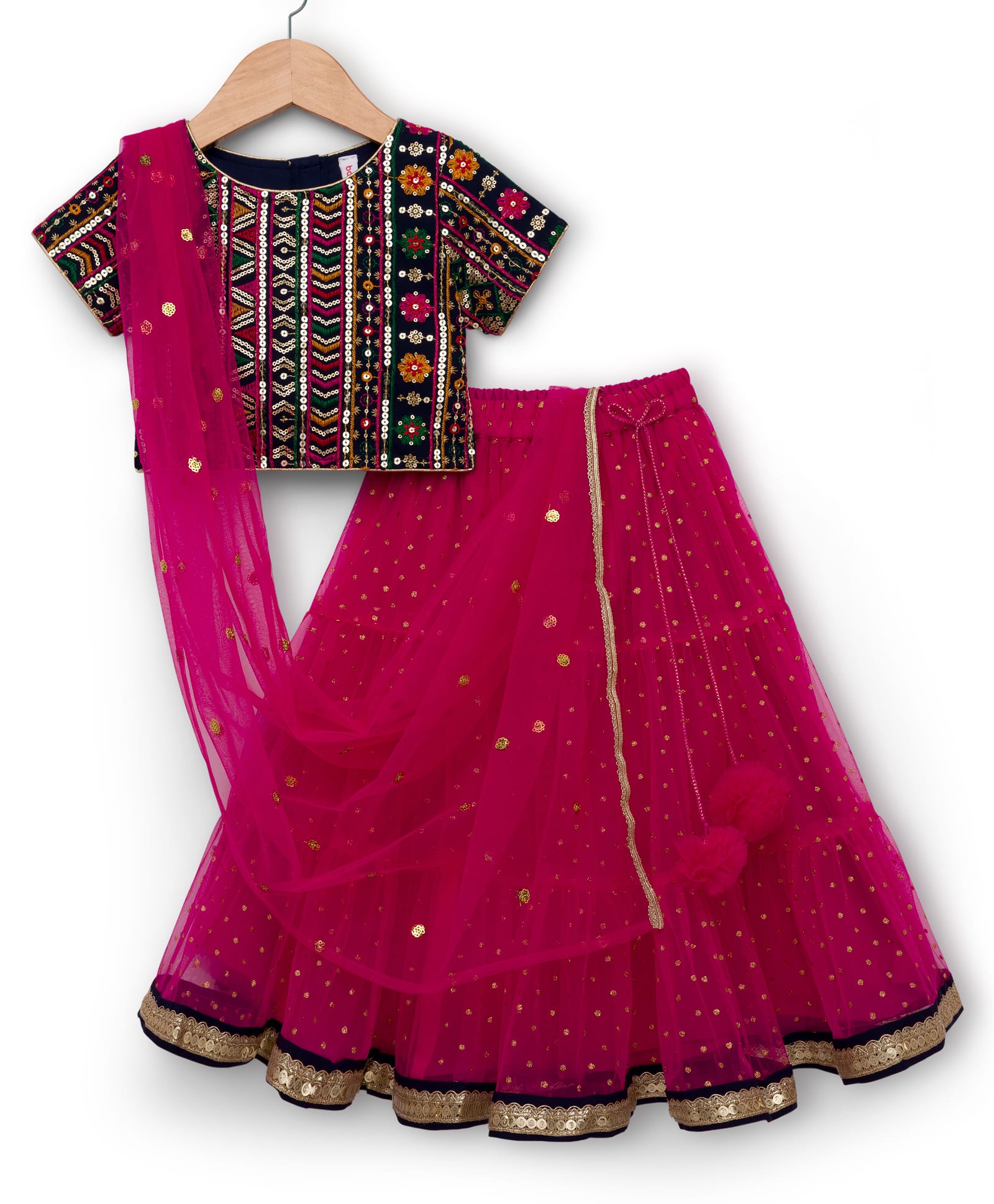 Babyhug Short Sleeves Sequin Embroidered Choli and Shimmer Net Lehenga with Dupatta - Fuschia-image-28