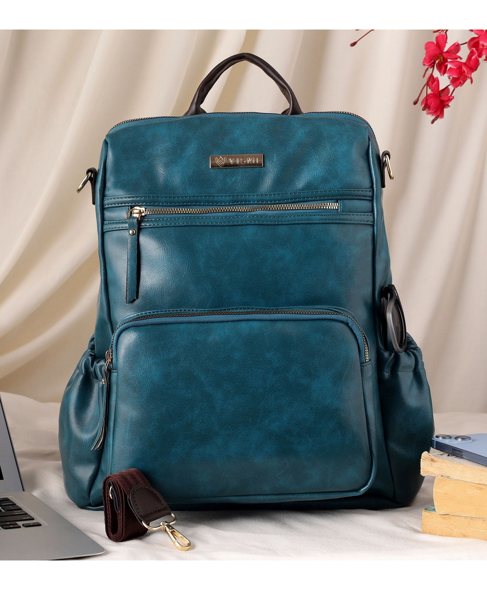 VISMIINTREND Women Stylish Backpack Pu Leather Laptop Bag Up to 14 Inch with Adjustable Strap, Padded Sleeve | Travel | Office Use | College | School Bags | Teal-picture-13