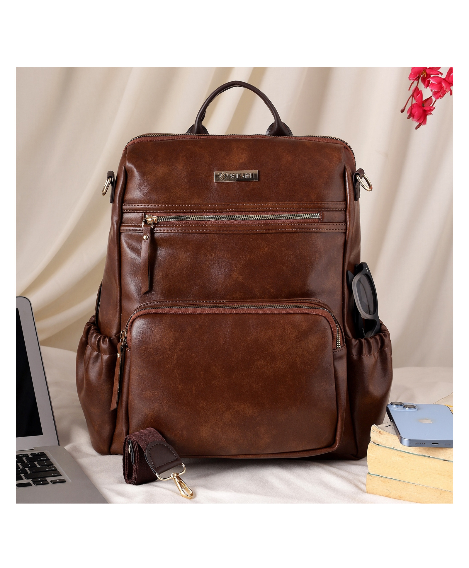 VISMIINTREND Women Stylish Backpack Pu Leather Laptop Bag Up to 14 Inch with Adjustable Strap, Padded Sleeve | Travel | Office Use | College | School Bags | Brown-image-44