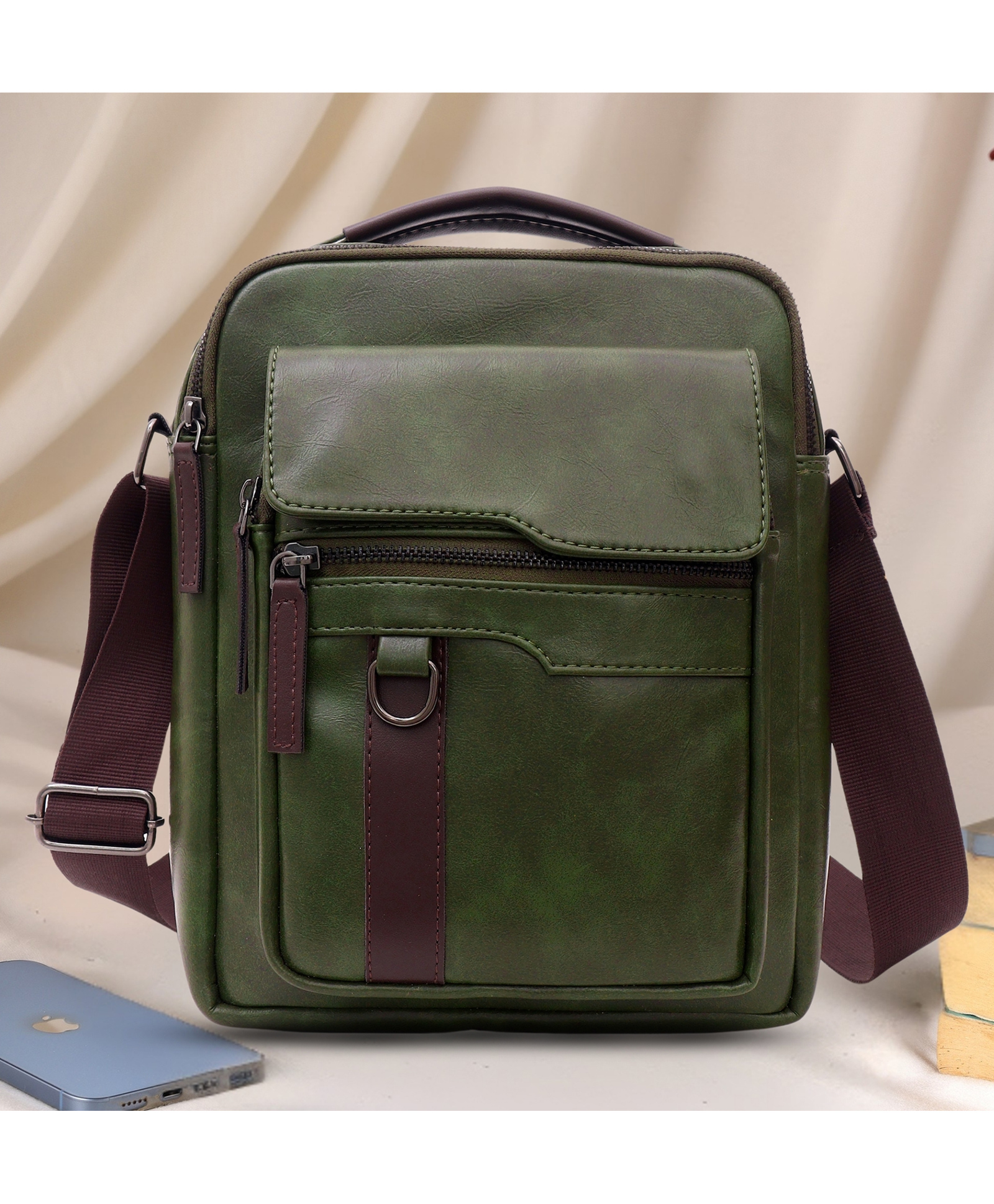 VISMIINTREND Men Sling Bag Vegan Leather Stylish Crossbody Shoulder Messenger Bag for Office, Travelling, Business, Regular Use Solid Olive Green-picture-26
