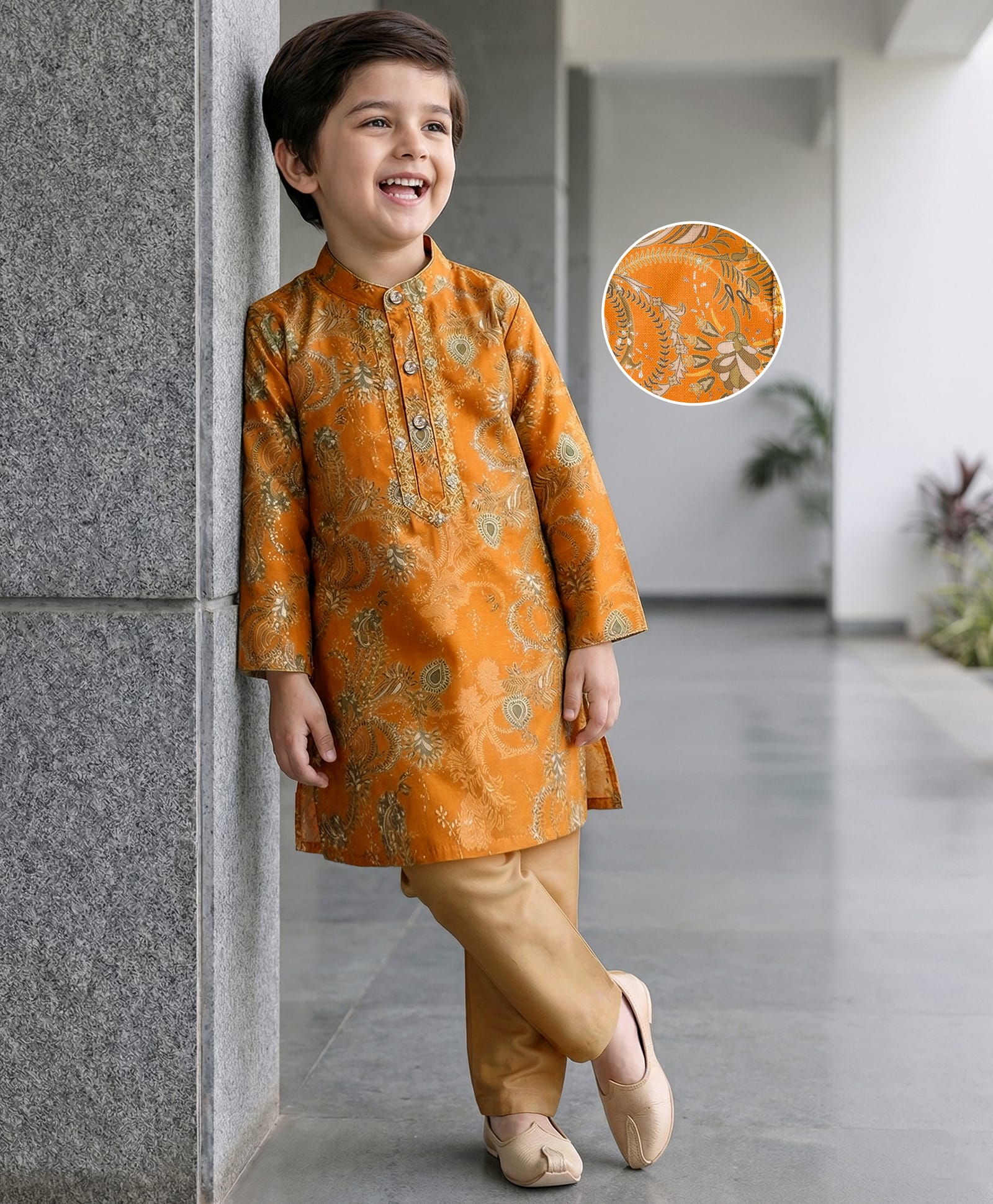 Babyhug Cotton Woven Full Sleeves Cambric Foil Printed Kurta Pajama Set- Mustard