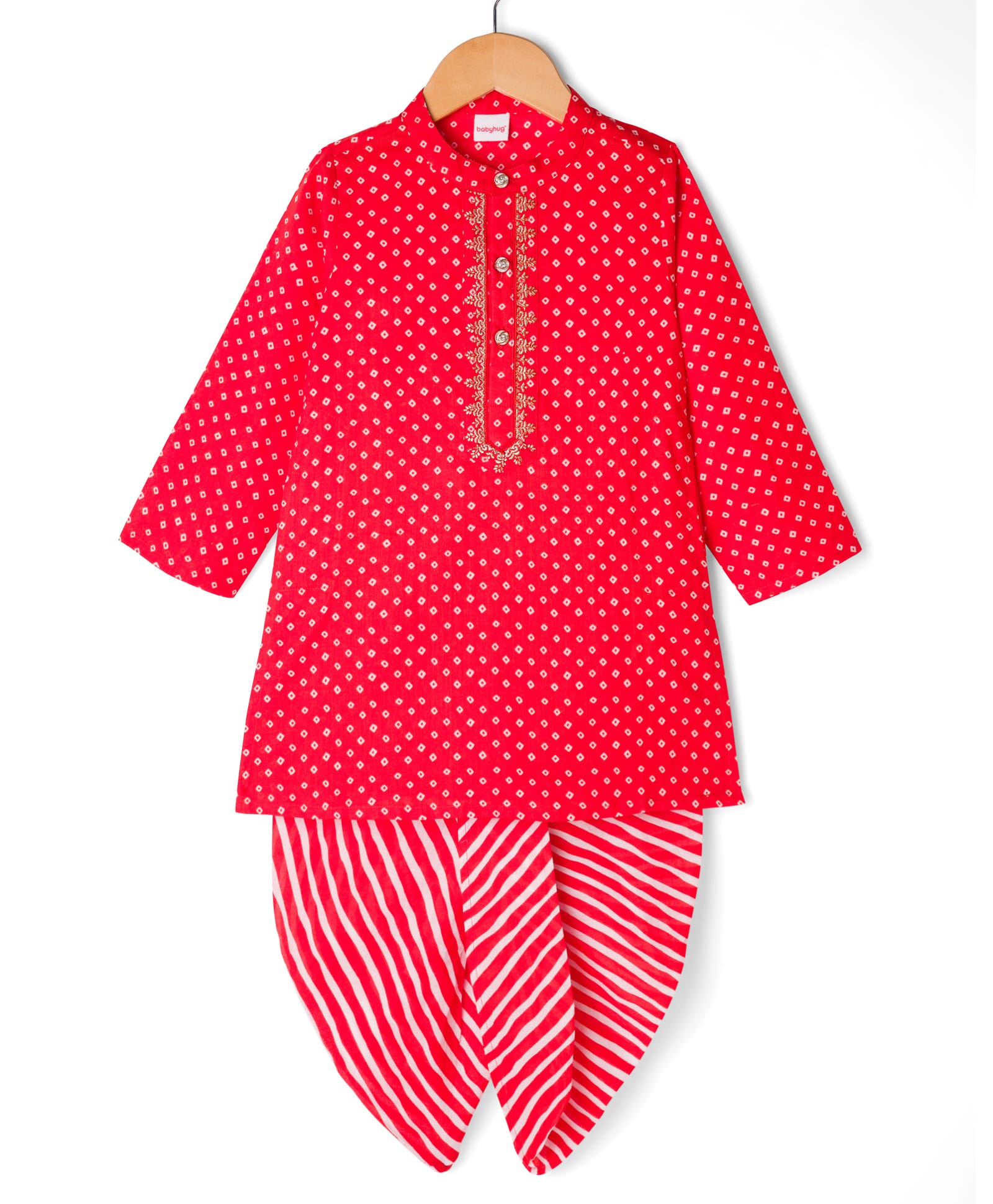 Babyhug Cambric Woven Full Sleeves Kurta Dhoti Set with Angarakha Foil Print - Red-picture-10