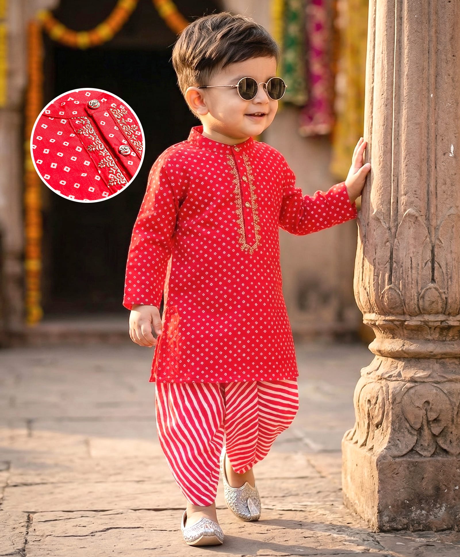 Babyhug Cambric Woven Full Sleeves Kurta Dhoti Set with Angarakha Foil Print - Red-image-41