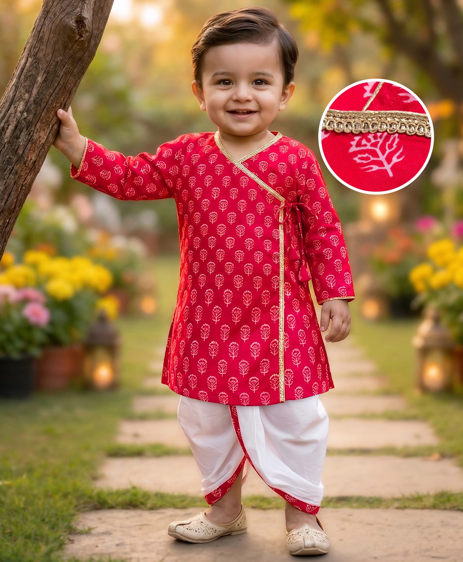 Babyhug Cambric Woven Full Sleeves Kurta Dhoti Set with Floral Print - Red-picture-13