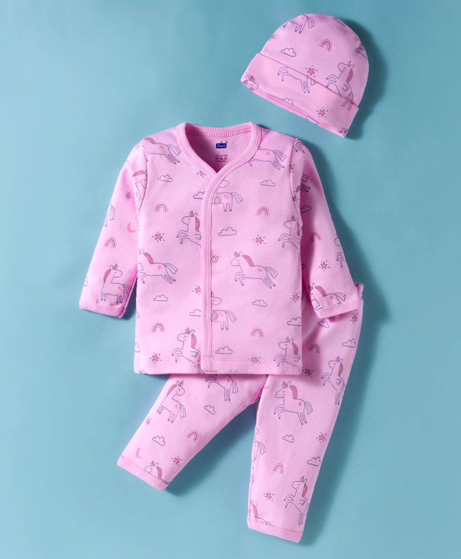Simply Interlock Knit full Sleeves Night Suit With Animal Print & Cap - Pink-image-0