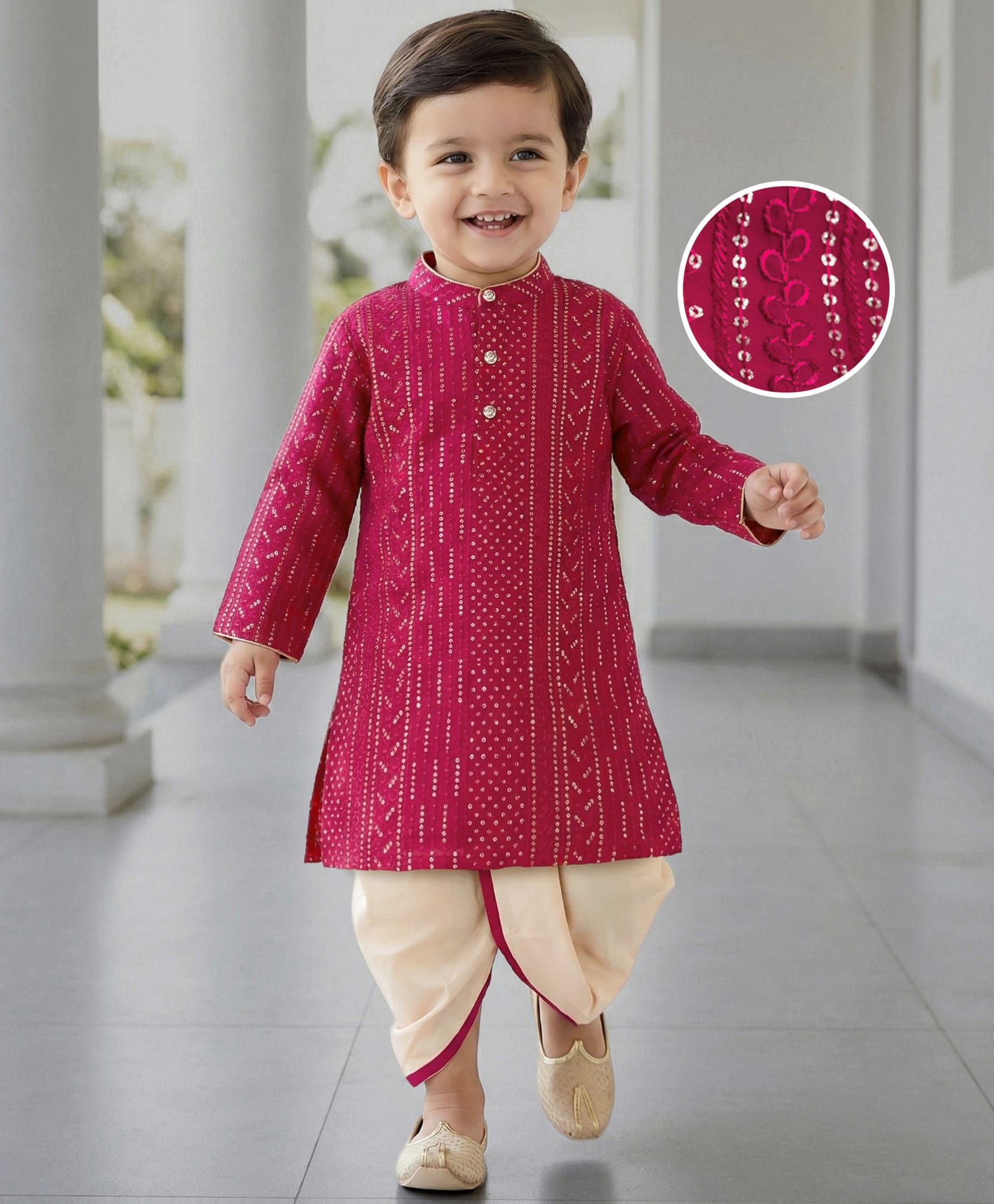 Babyhug Georgette Woven Full Sleeves Embellished Kurta Dhoti Set - Red & White-image-20