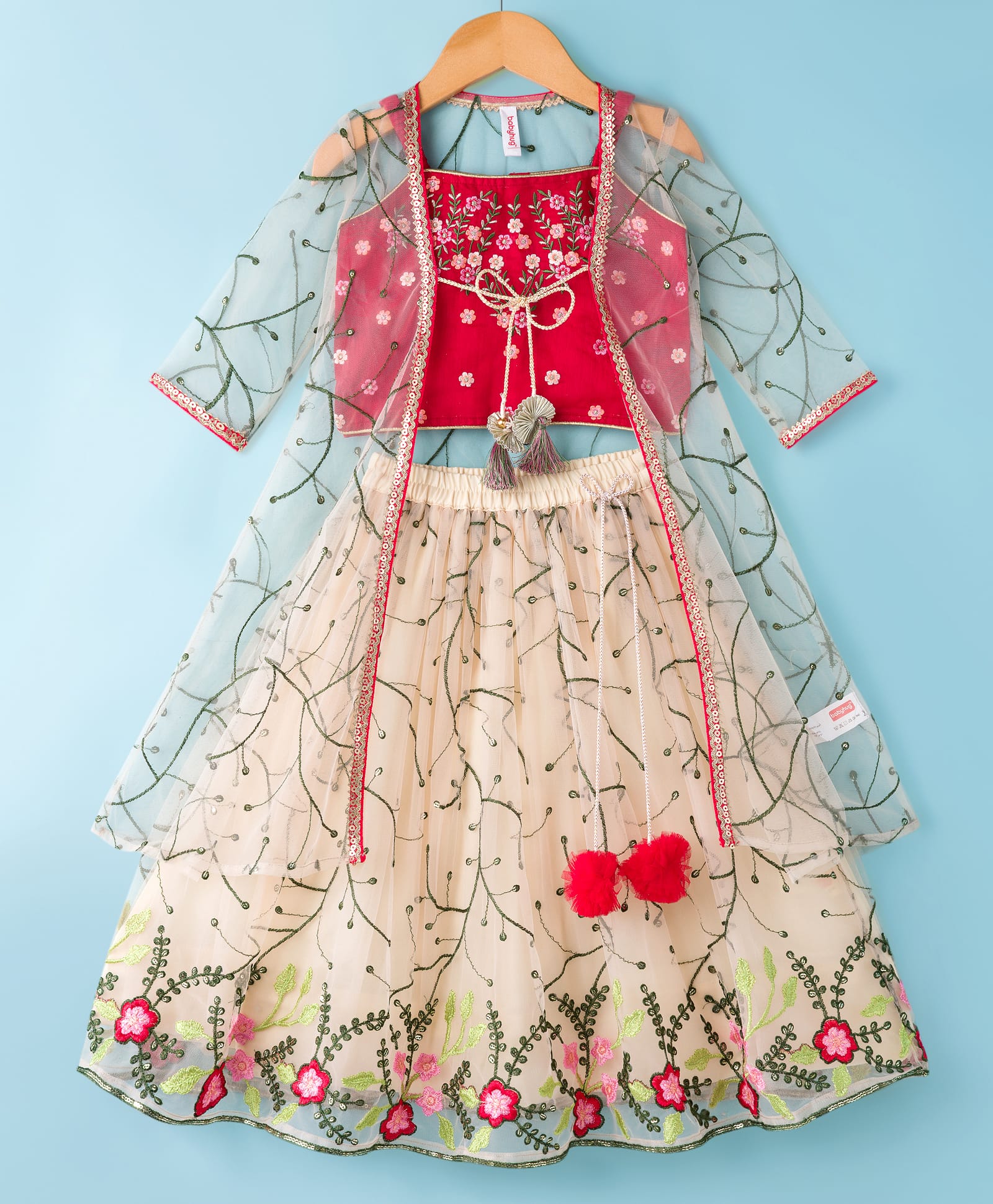 Babyhug Woven Choli Lehenga Set with Three Fourth Sleeves Jacket Floral Embroidery & Sequin Detailing - Multicolor-image-16