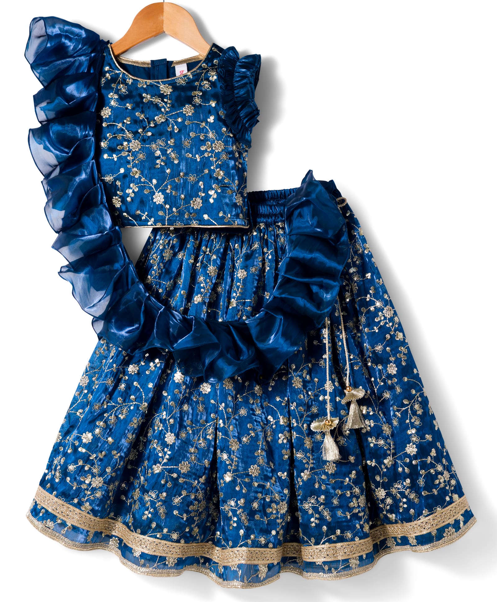 Babyhug Woven Sleeveless Choli Lehenga & Frilled Dupatta Set with Floral Embroidery - Navy Blue-image-44