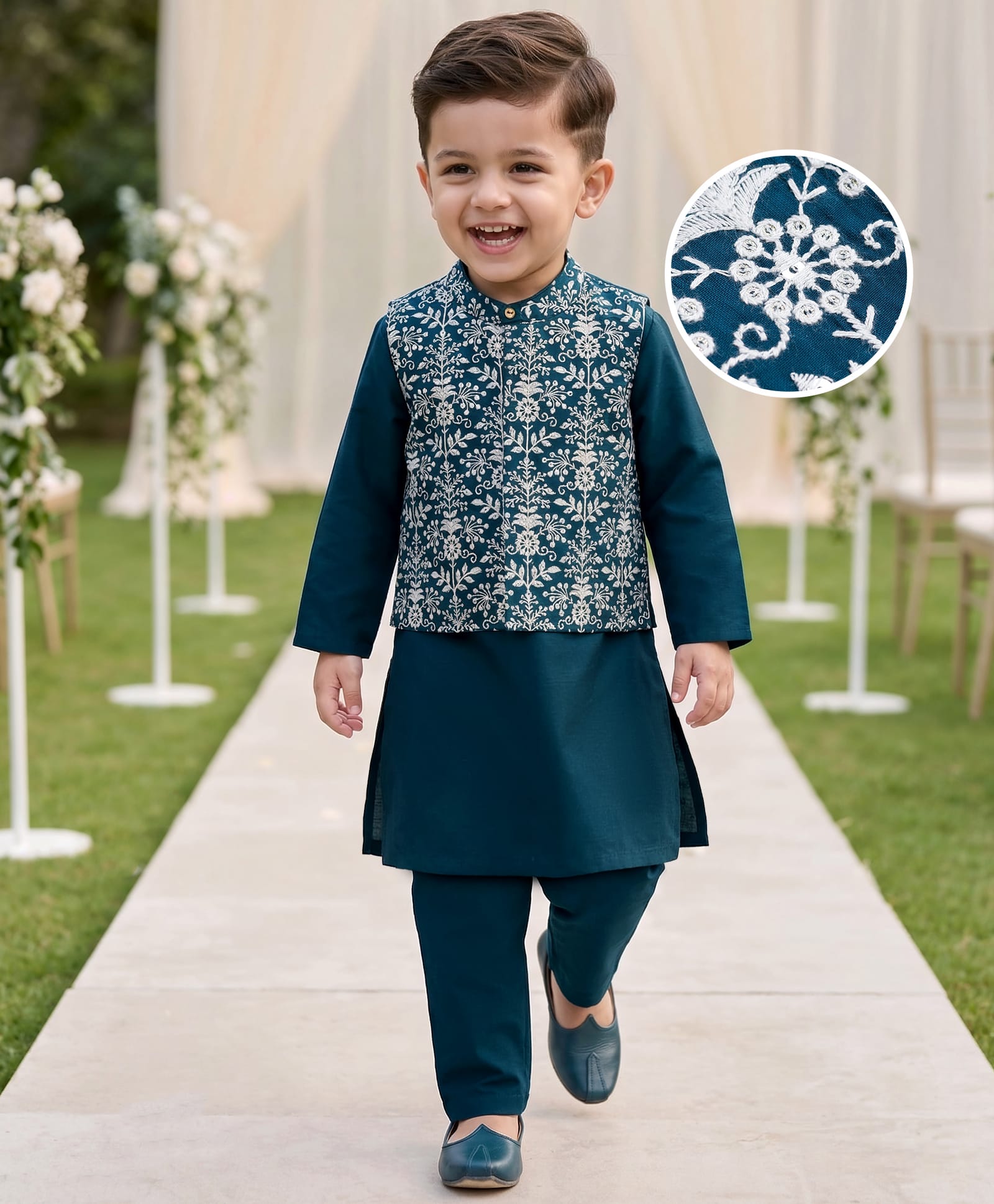 Babyhug Cotton Blend Woven Full Sleeves Kurta Pajama Set with Jacket & Floral Embroidery - Teal Blue-image-36