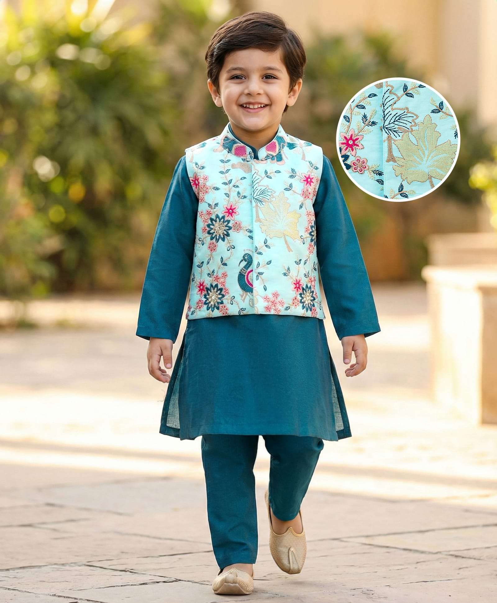 Babyhug Woven Full Sleeves Kurta Pajama & Floral Embroidery Jacket Set - Teal Blue-image-12