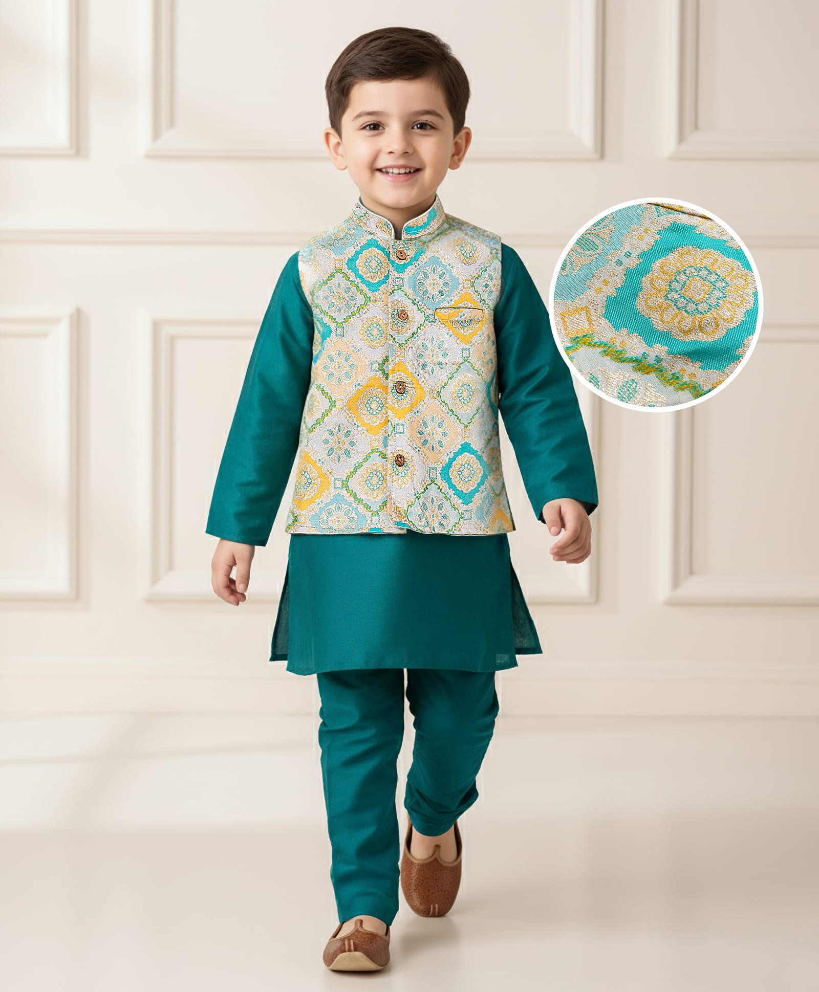 Babyhug Cotton Blend Full Sleeves Kurta Pajama Set with Jacket & Motif Embroidery - Teal Blue-picture-23