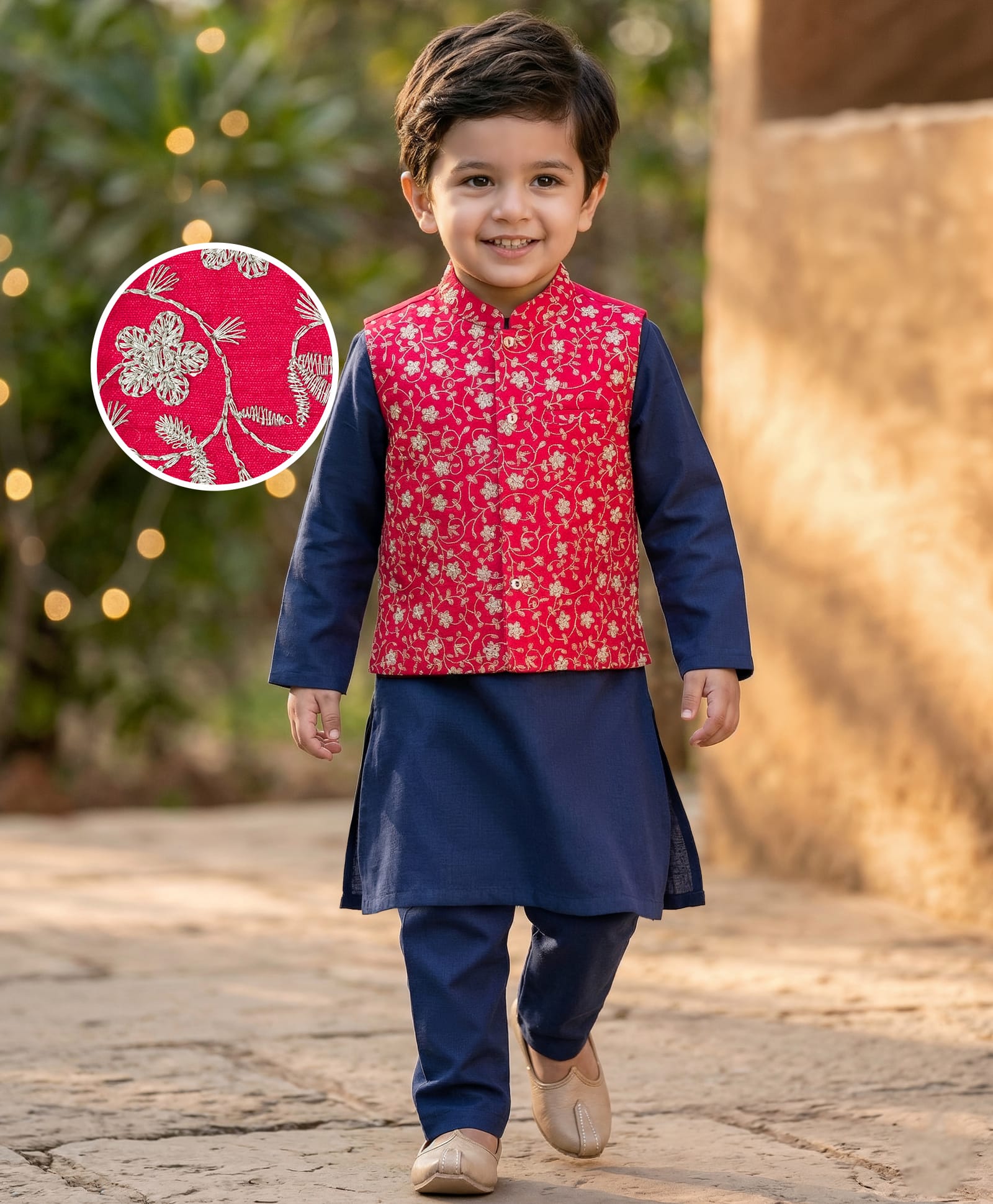 Babyhug Woven Full Sleeves Kurta Pyjama Set With Floral Embroidered Nehru Jacket - Navy Blue-picture-15
