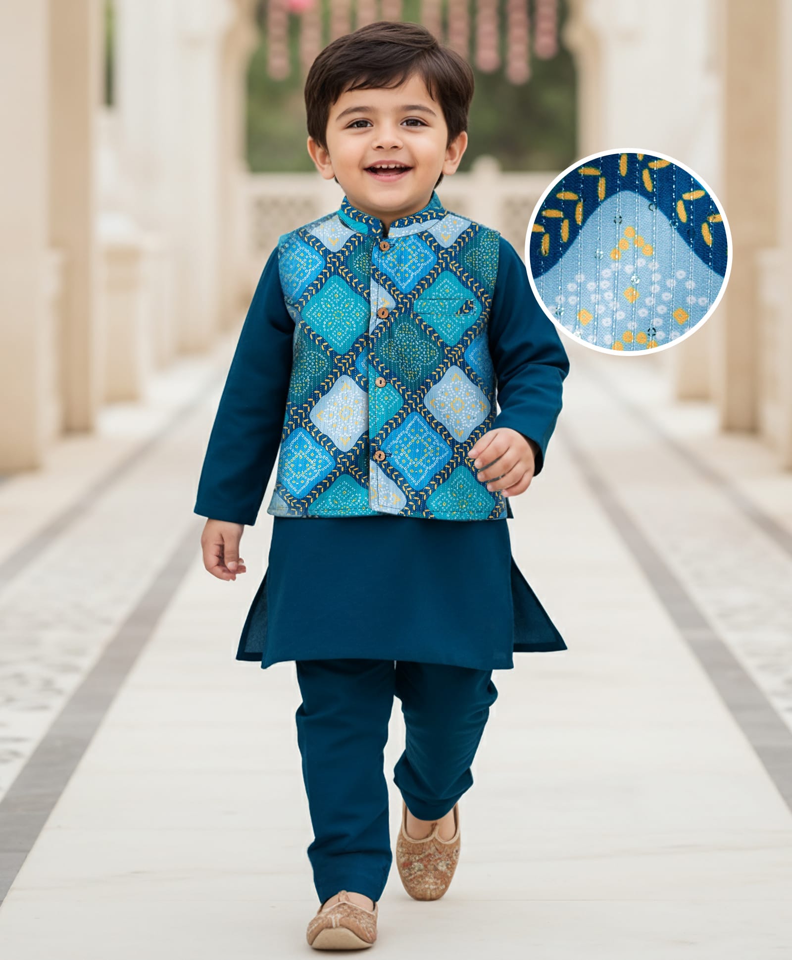 Babyhug Woven Full Sleeves Kurta Pajama & Nehru Jacket with Diamond argyle Print - Teal Blue-image-12