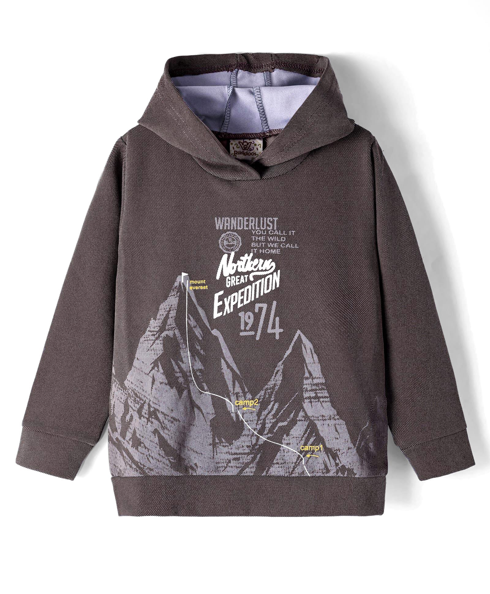 Rikidoos Full Sleeves Mountains & Typography Printed Hooded Light Winter Sweatshirt - Grey-picture-23