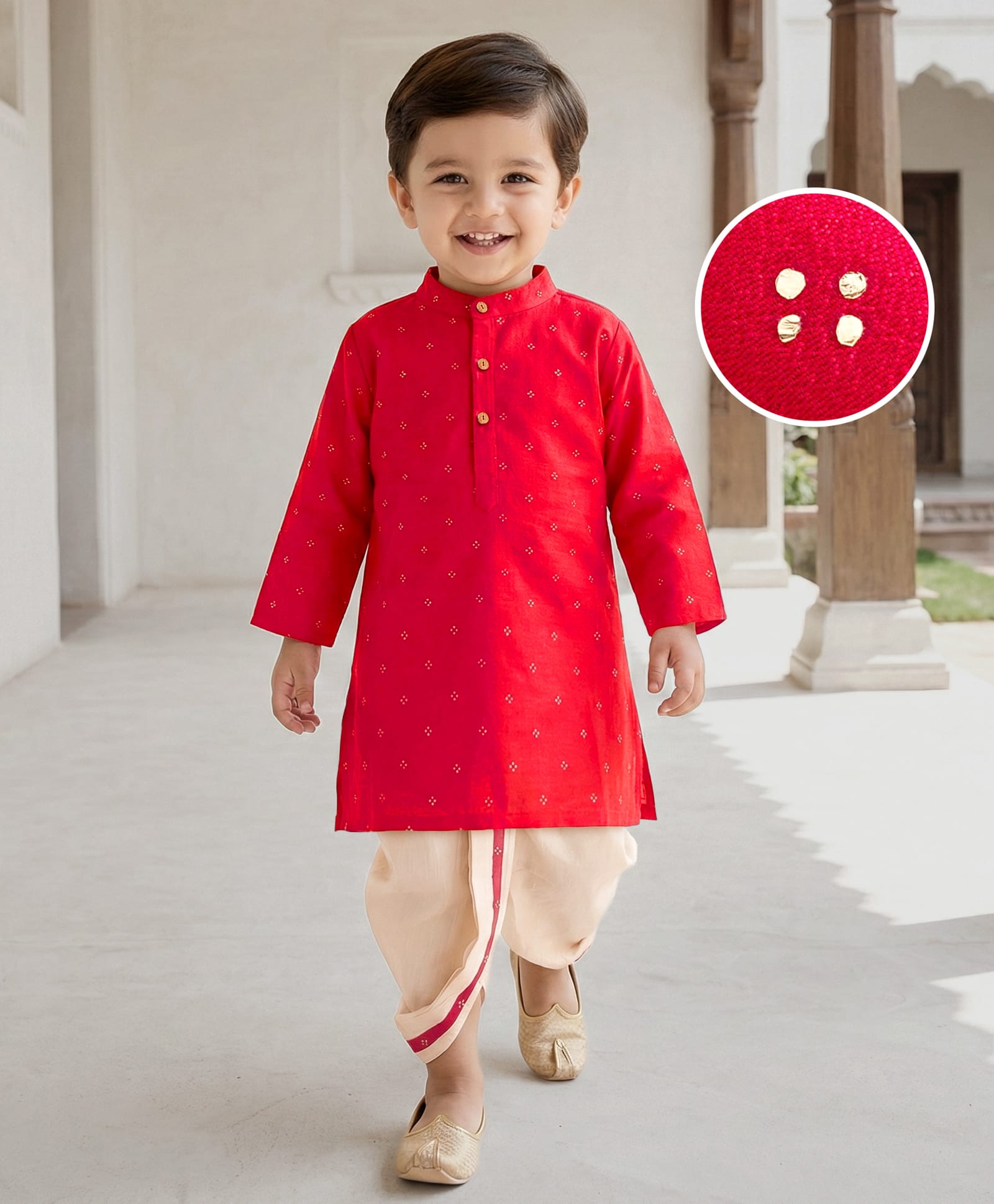 Babyhug Cotton Woven Full Sleeves Kurta Dhoti Set With Foil Print - Red-image-45