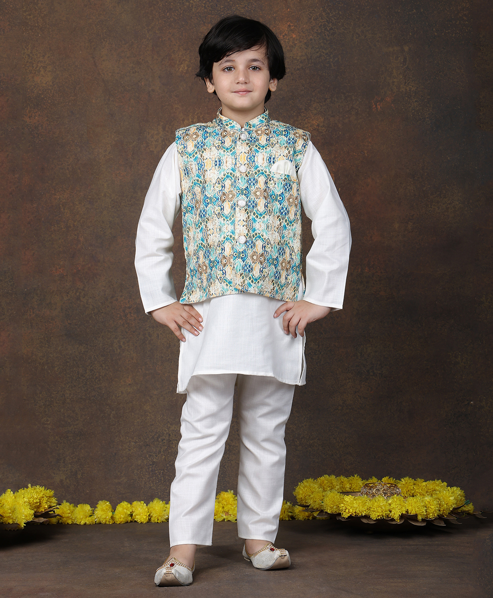 Superminis Cotton Woven Full Sleeves Solid Kurta Pyjama With Abstract Printed Jacket Set - Teal Blue-picture-25