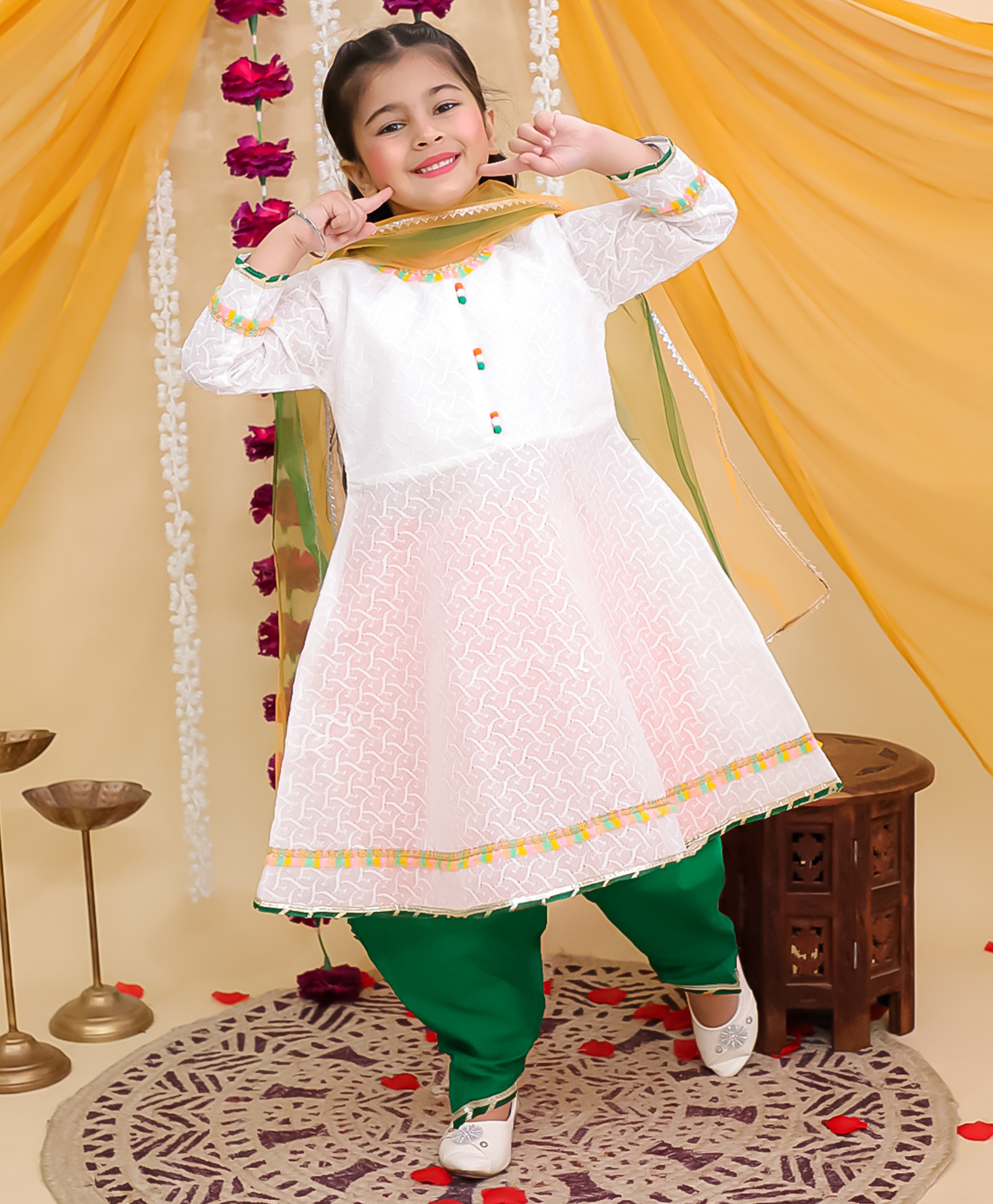 Superminis Cotton Woven Three Fourth Sleeves Chikankari Embroidered Gota Lace Embellished Kurti & Salwar With Dupatta Set - Green & White-image-45