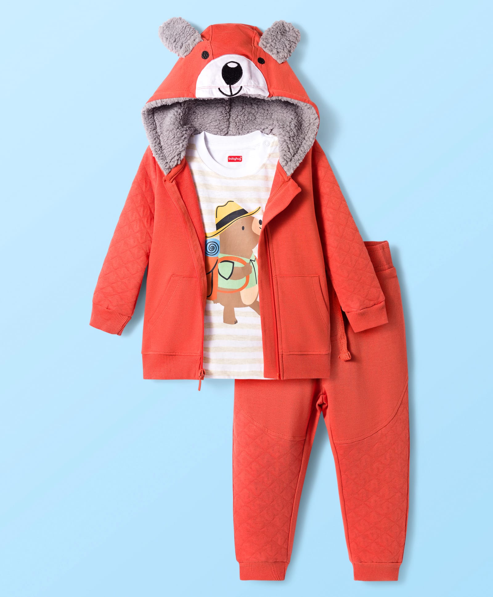 Babyhug Terry Knit Full Sleeves Hooded Jacket with T-Shirt & Joggers Set with Animal Print & Applique - Coral-image-37
