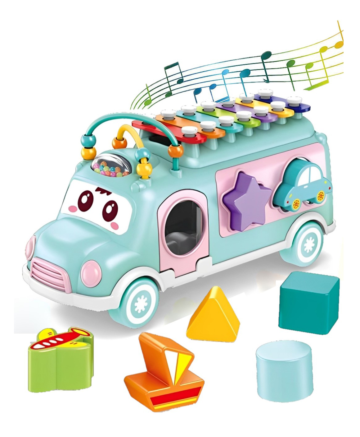 ADKD Musical Xylophone Shape Sorter School Bus Interactive Pull Along Educational Toy (Color May Vary)