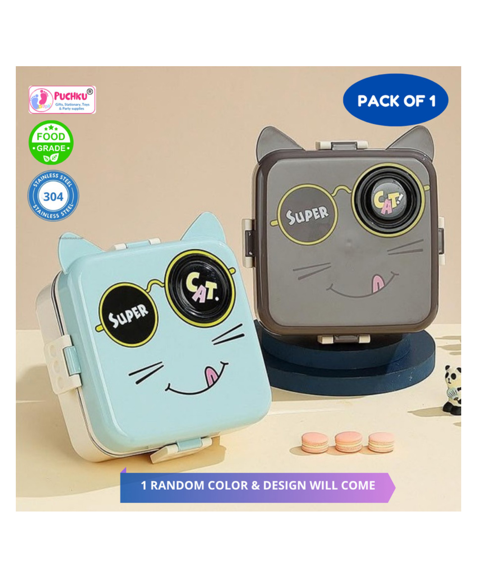 Puchku Cute Cat Lunch Box for Kids , Double Layer Box, Stainless Steel Inner With Steel Spoon , 3 Compartments ( Pack of 1, Random Design)-image-43
