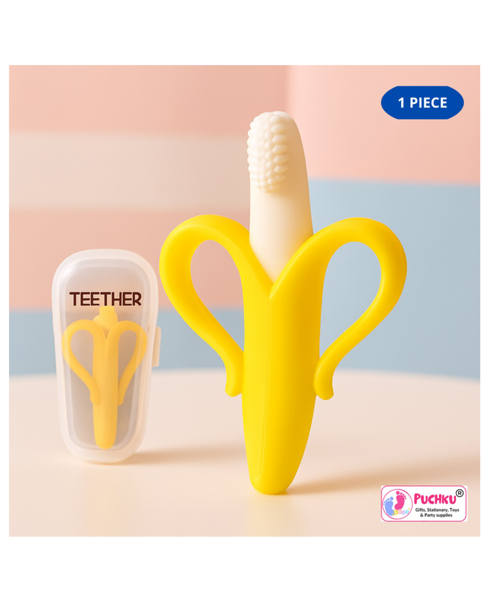 Puchku Banana Shaped Never Drop Silicone Baby Teething Toy , Gum Soothing for Babies ( Pack of 1 , Yellow )