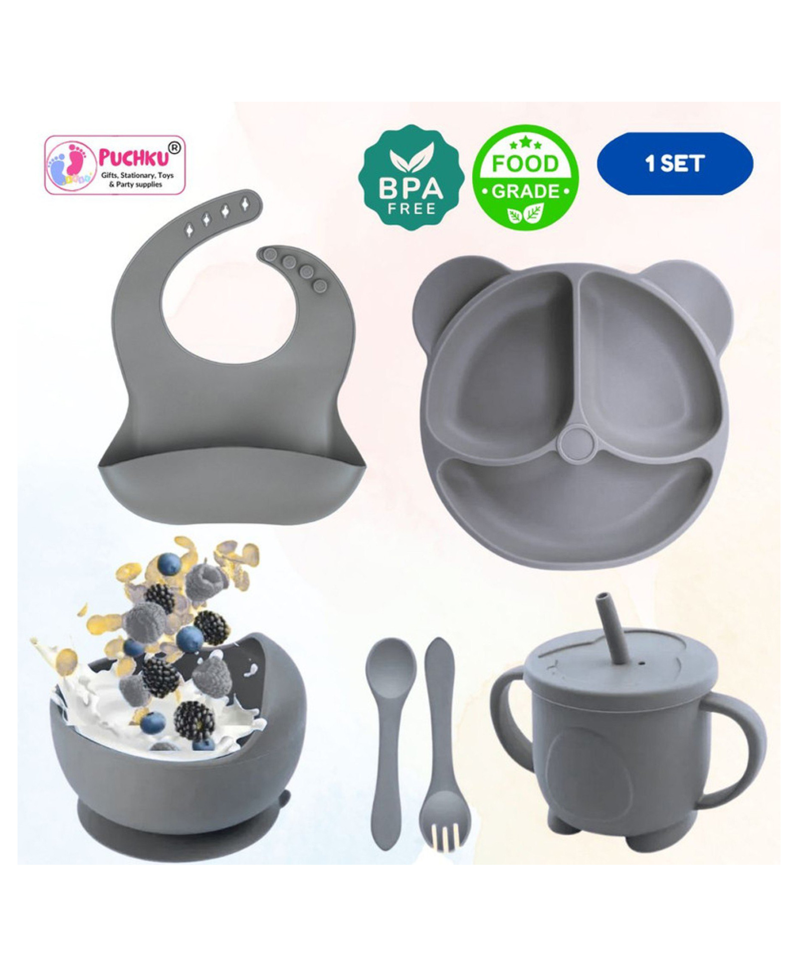 Puchku 6 Pcs Silicone Baby Feeding Set, BPA Free & Microwave Safe Dinner Tableware Kit - Feeding Bowl, Suction Plate, Cup, Spoon, Fork & Bib for Kids ( Pack of 1, Grey)-picture-18