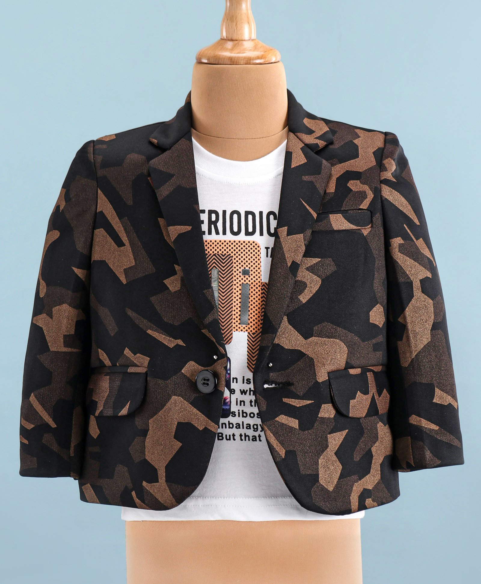 Rikidoos Full Sleeves Camouflage Printed Jacket & Tee Set - Brown & White-image-15
