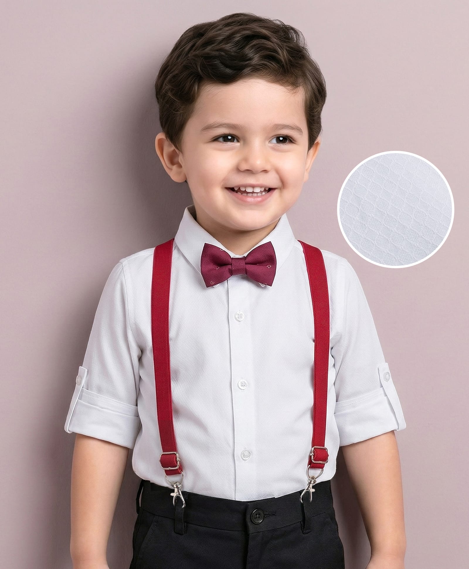 Mark & Mia Woven Full Sleeves Textured Solid Party Shirt With Bow & Suspender - White-picture-27