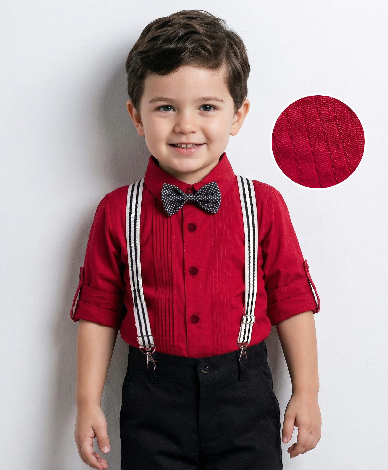 Mark & Mia Woven Full Sleeves Pleated Solid Party Shirt With Bow & Suspender - Red-picture-28