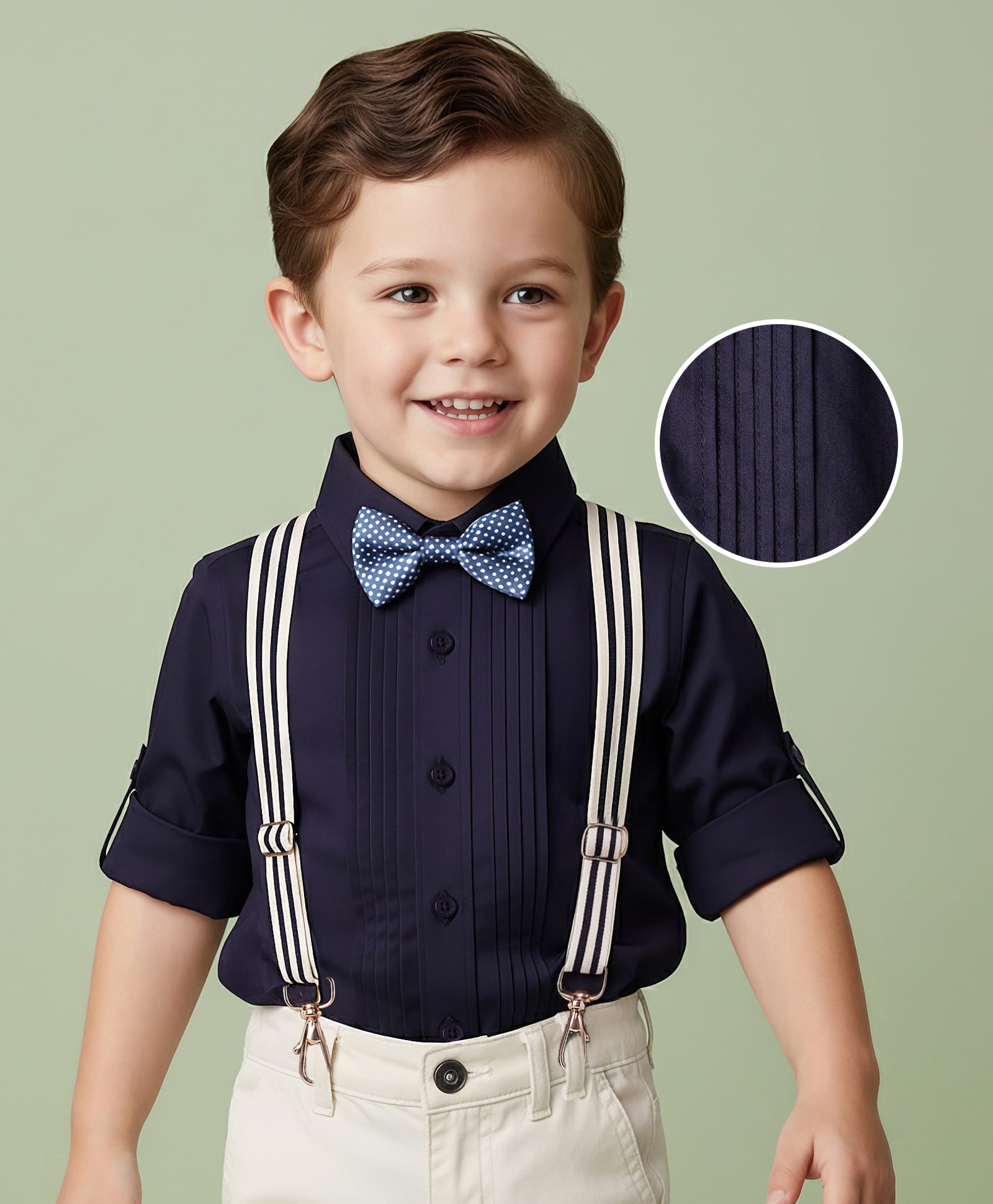 Mark & Mia Woven Full Sleeves Solid Color Pleated Party Shirt with Bow & Suspender Detailing - Navy Blue-picture-22